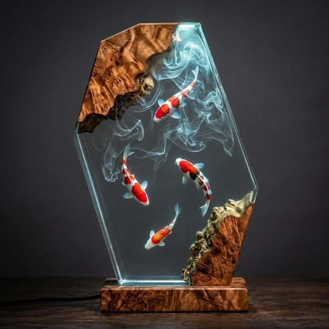 Four Koi Fish Burl Wood and Resin Night Light