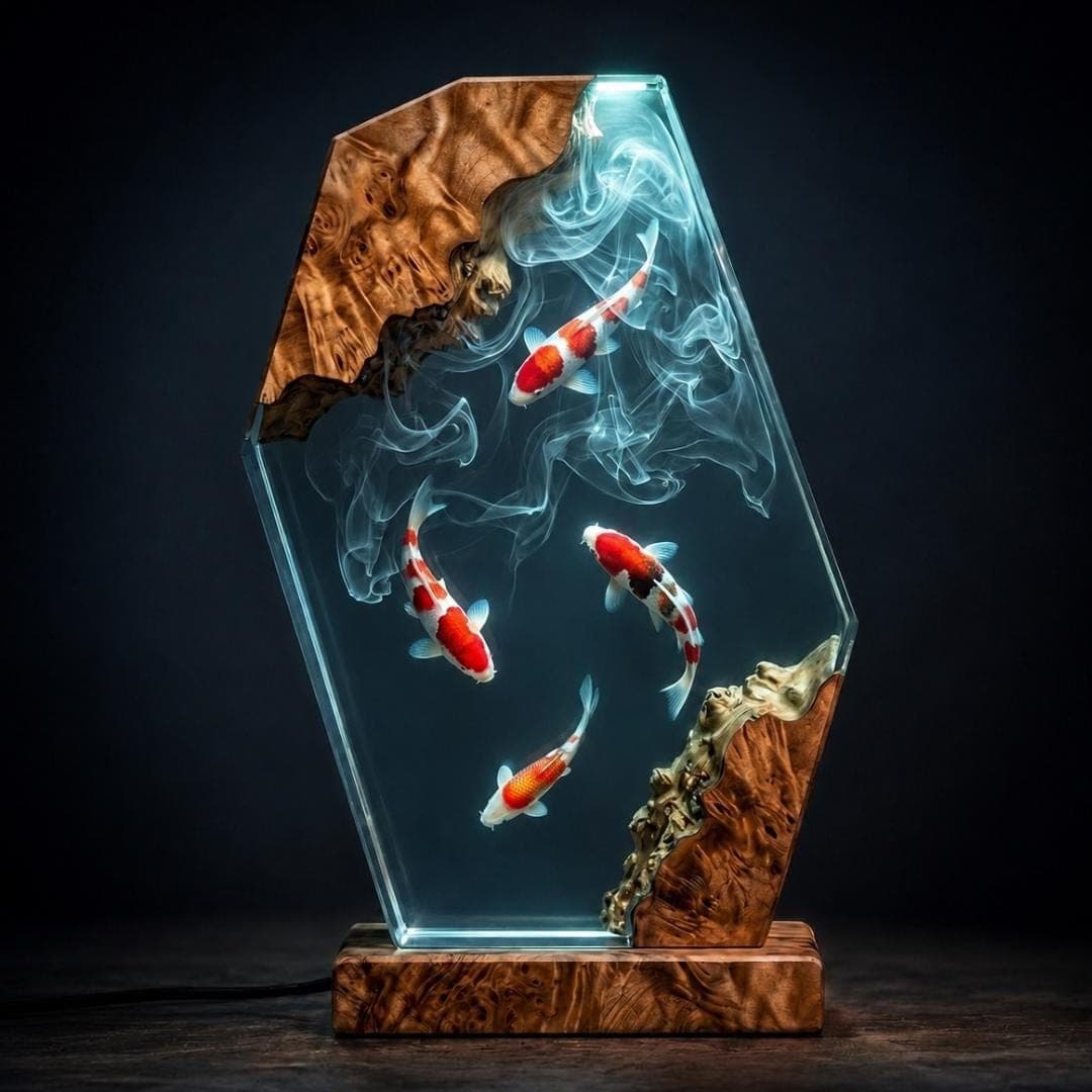Four Koi Fish Burl Wood and Resin Night Light