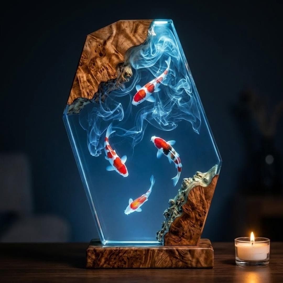 Four Koi Fish Burl Wood and Resin Night Light