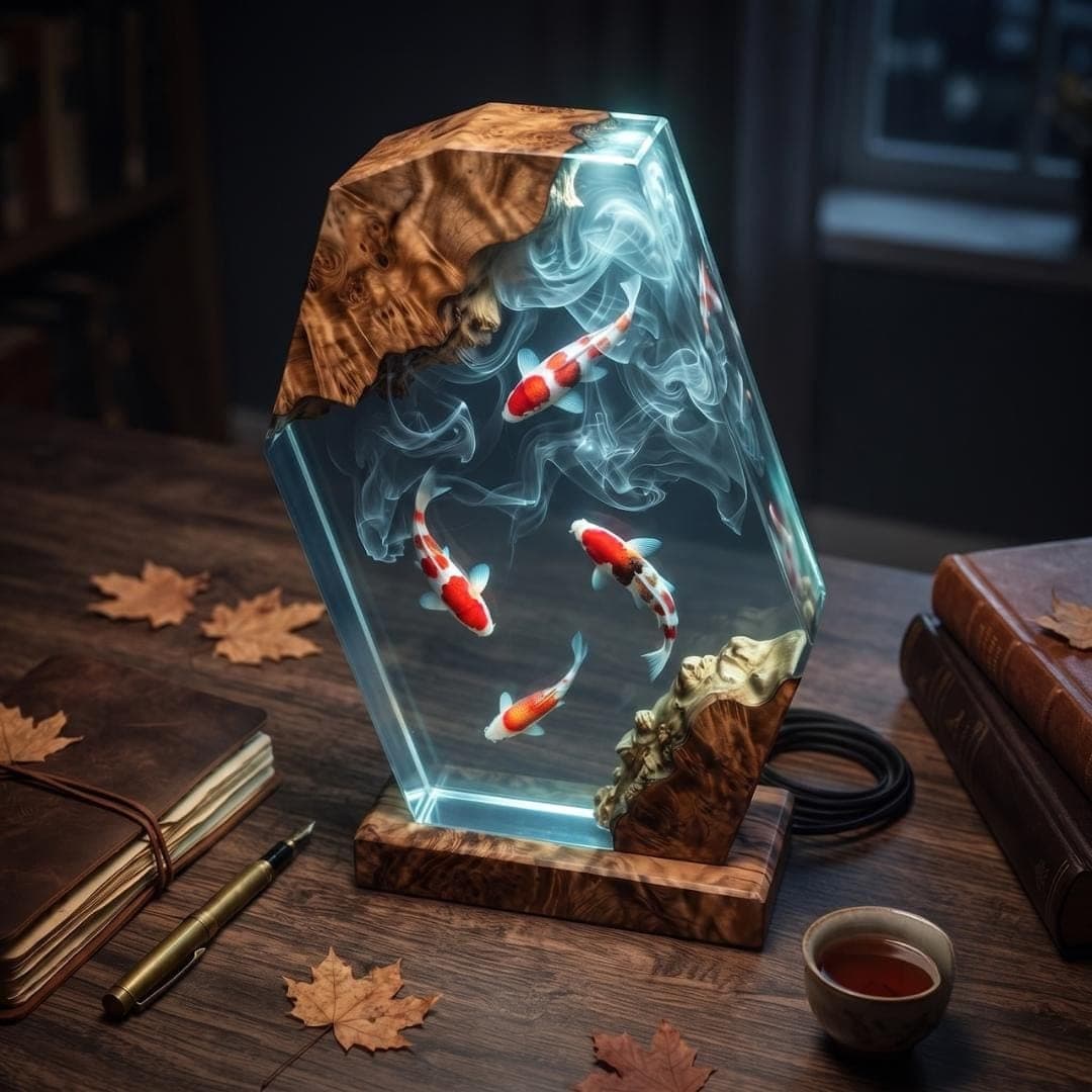 Four Koi Fish Burl Wood and Resin Night Light