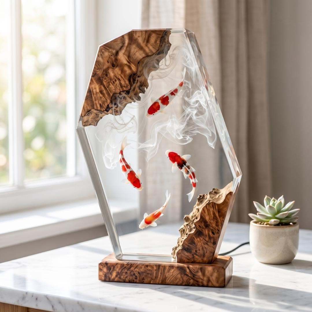 Four Koi Fish Burl Wood and Resin Night Light