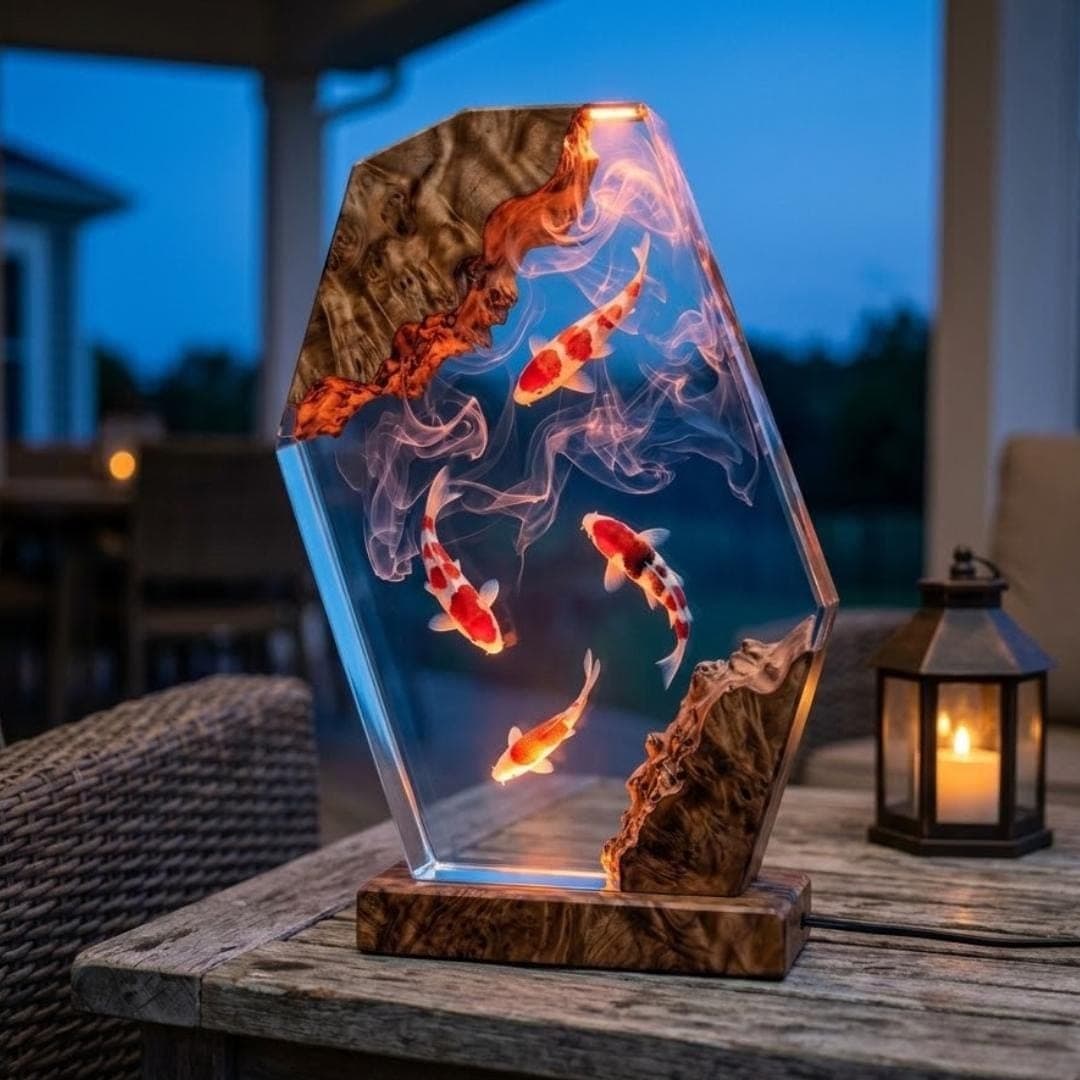 Four Koi Fish Burl Wood and Resin Night Light