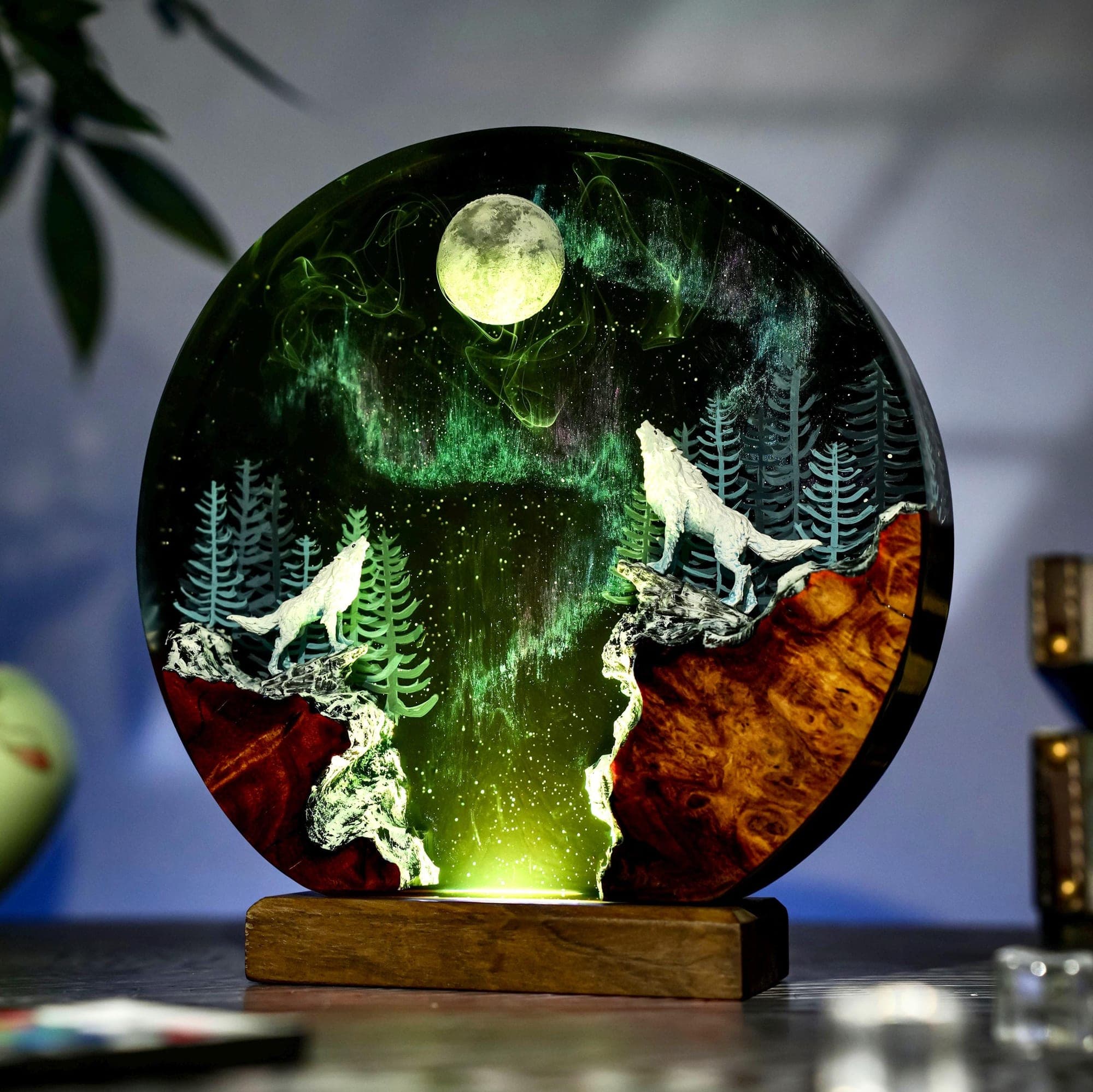 Howling Wolves Aurora Borealis Resin Night Light