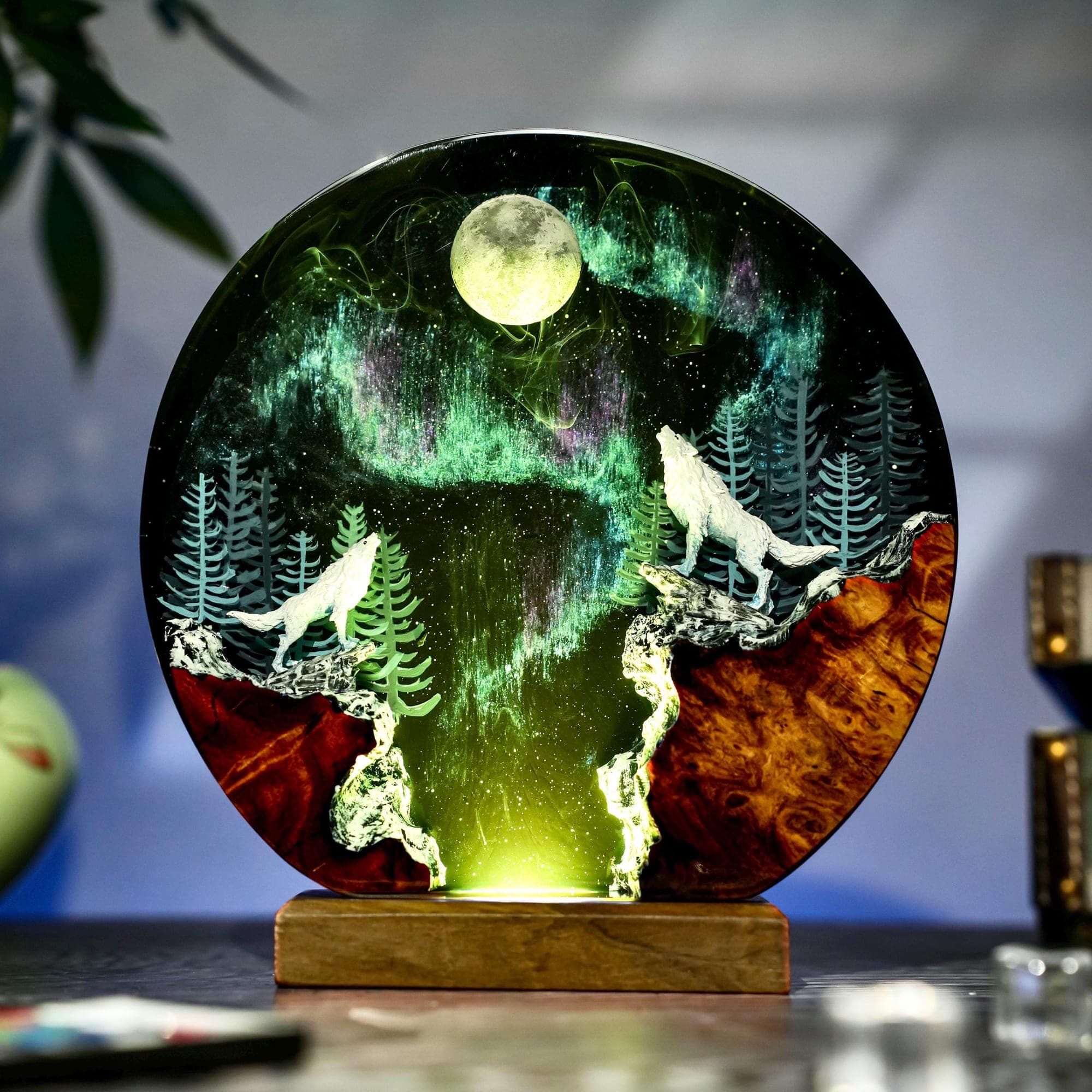 Howling Wolves Aurora Borealis Resin Night Light