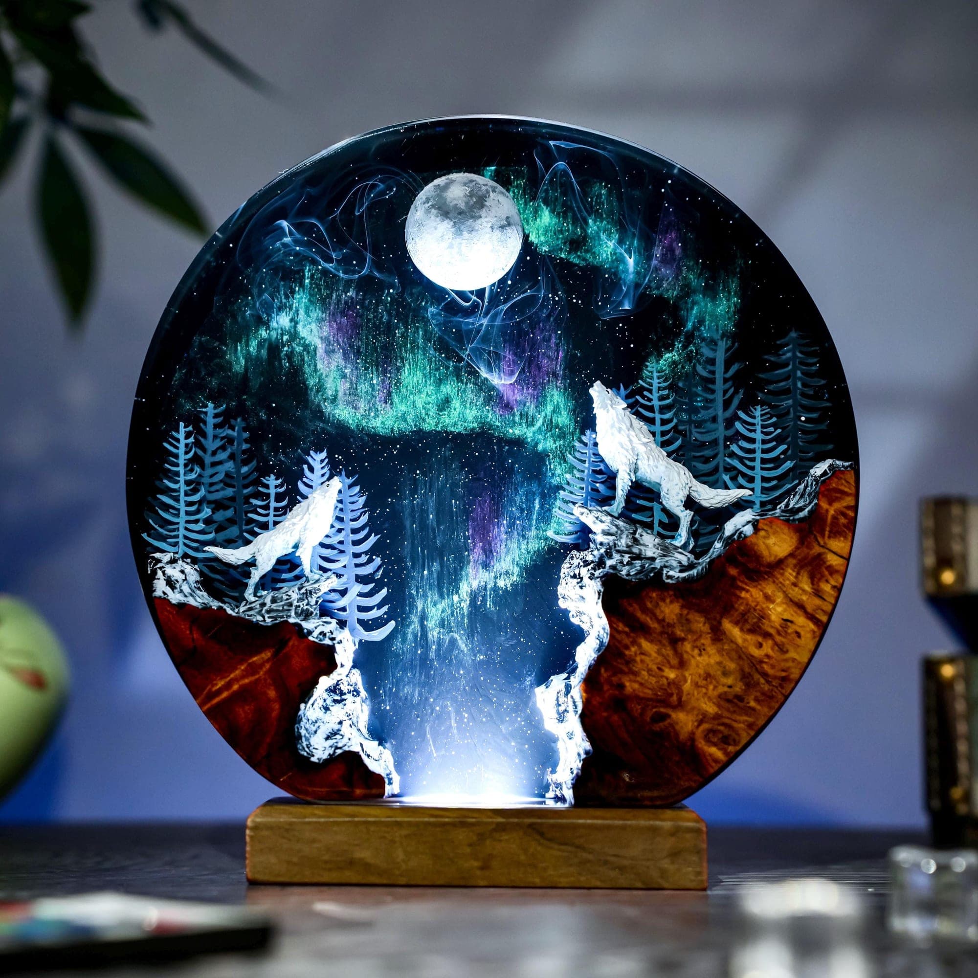 Howling Wolves Aurora Borealis Resin Night Light