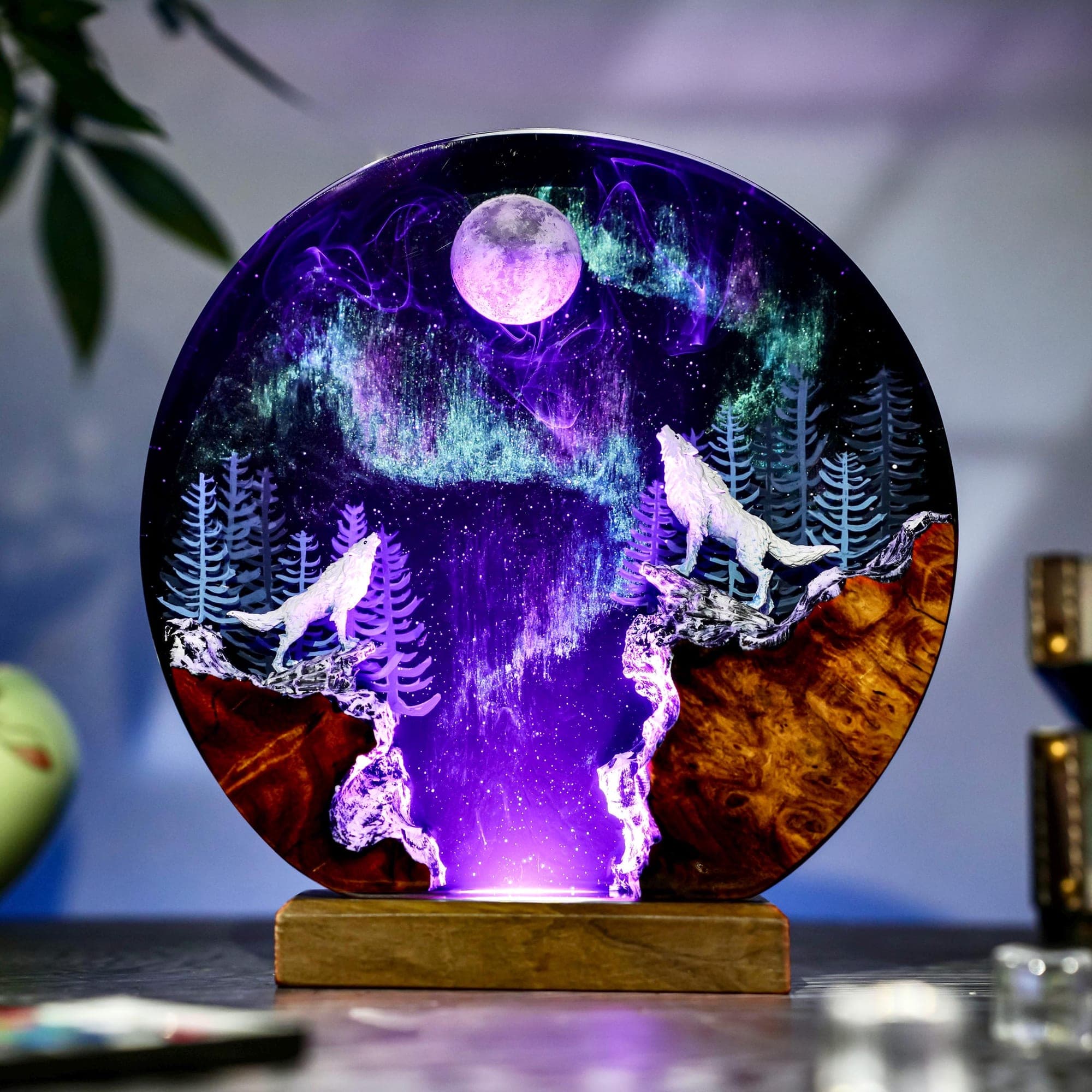 Howling Wolves Aurora Borealis Resin Night Light