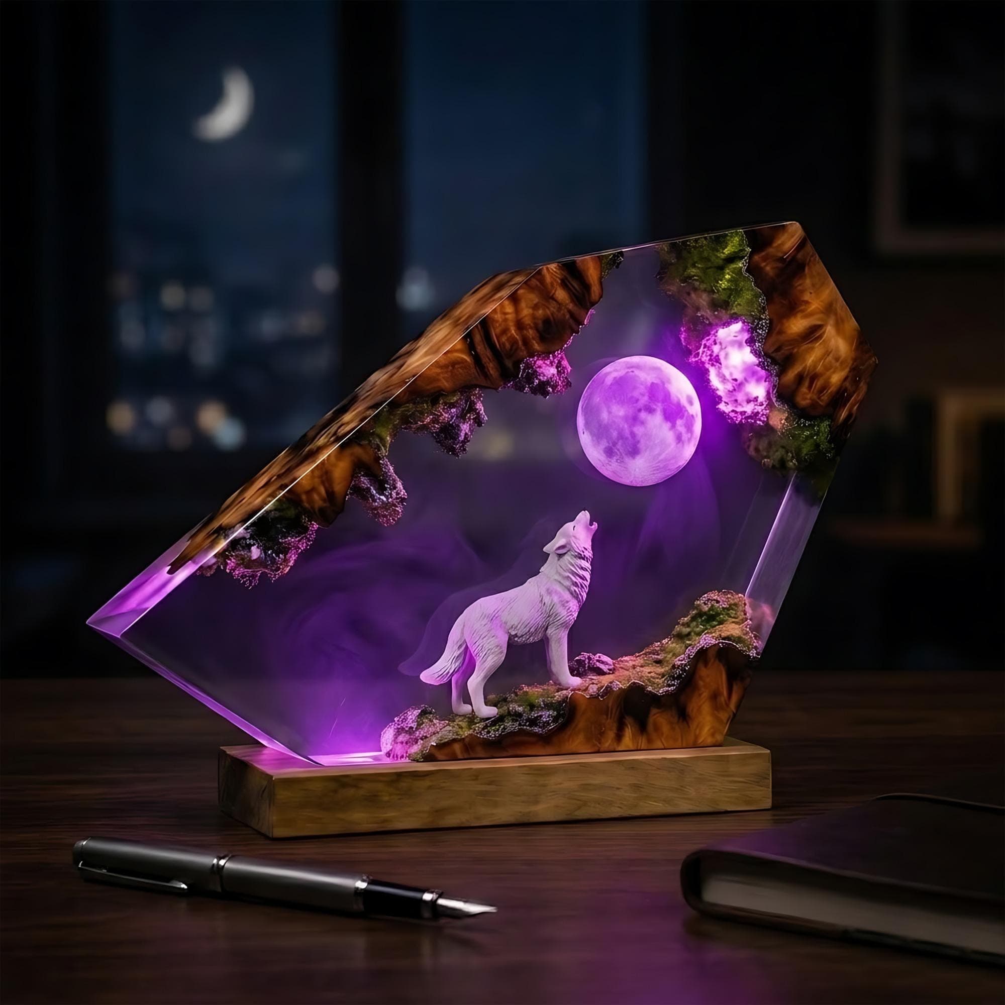 Howling Wolf Under Full Moon Resin Night Light