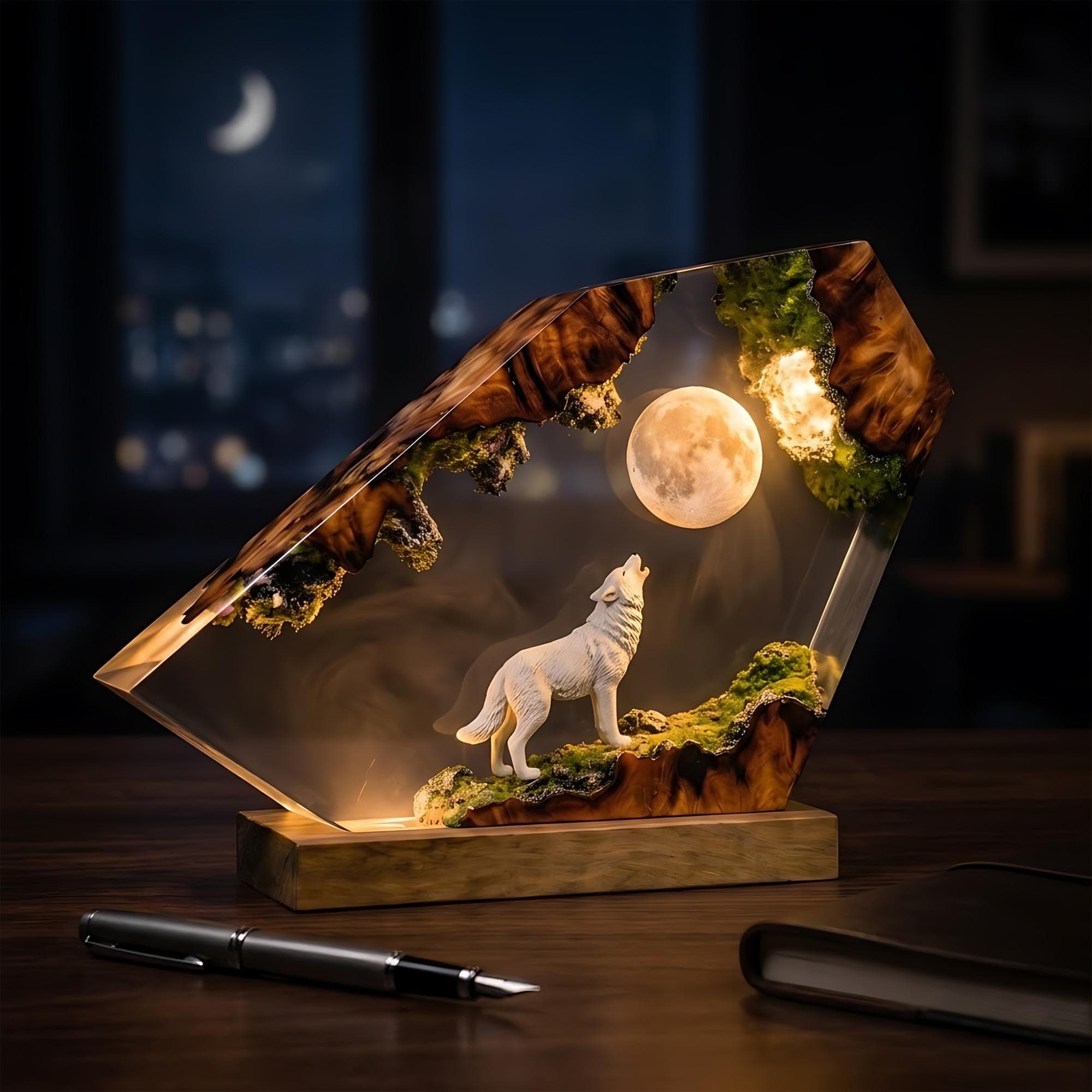 Howling Wolf Under Full Moon Resin Night Light