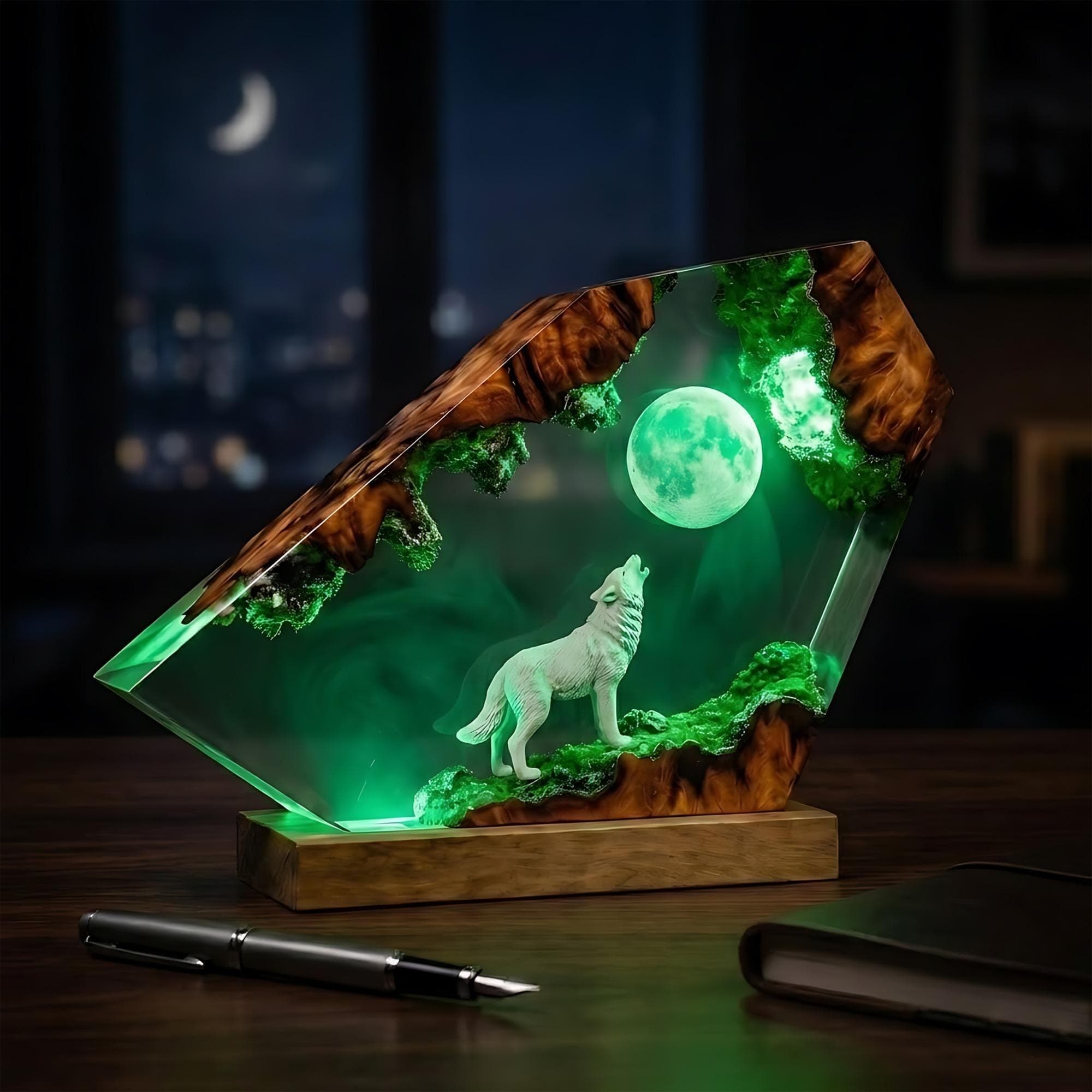 Howling Wolf Under Full Moon Resin Night Light