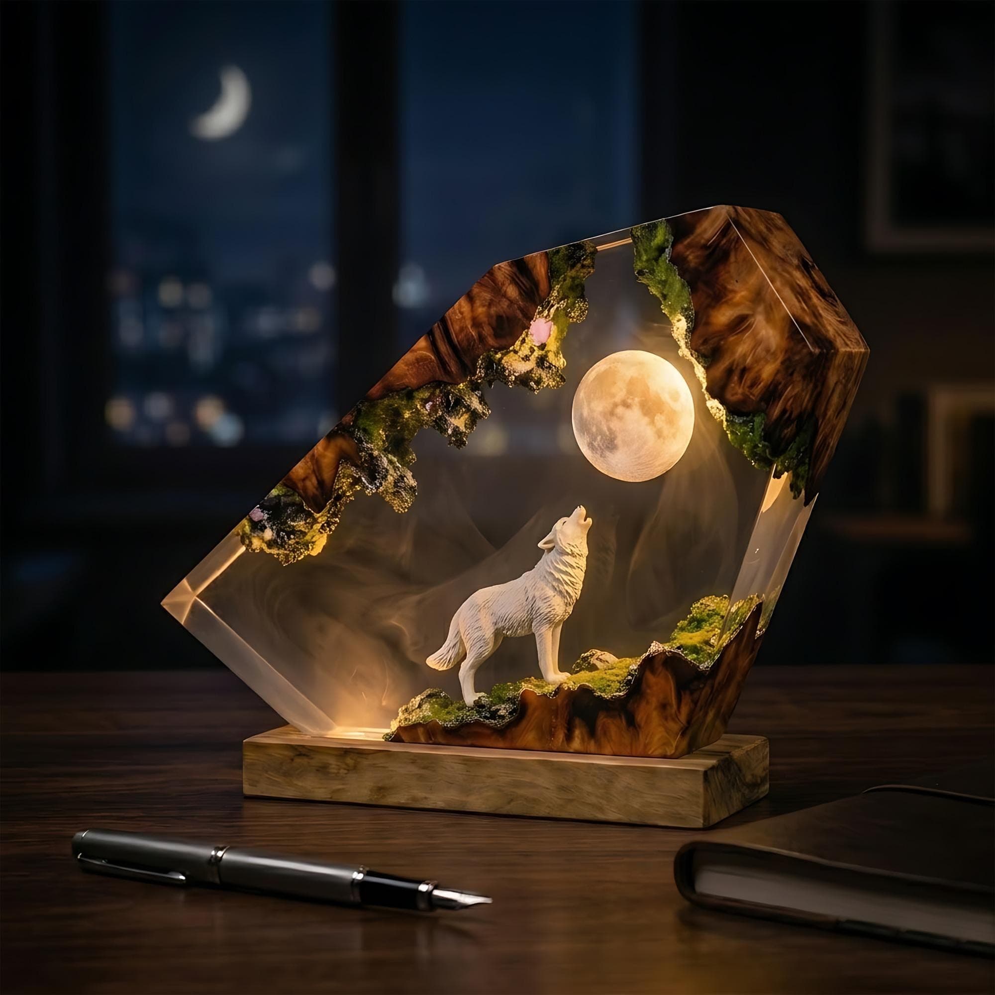 Howling Wolf Under Full Moon Resin Night Light