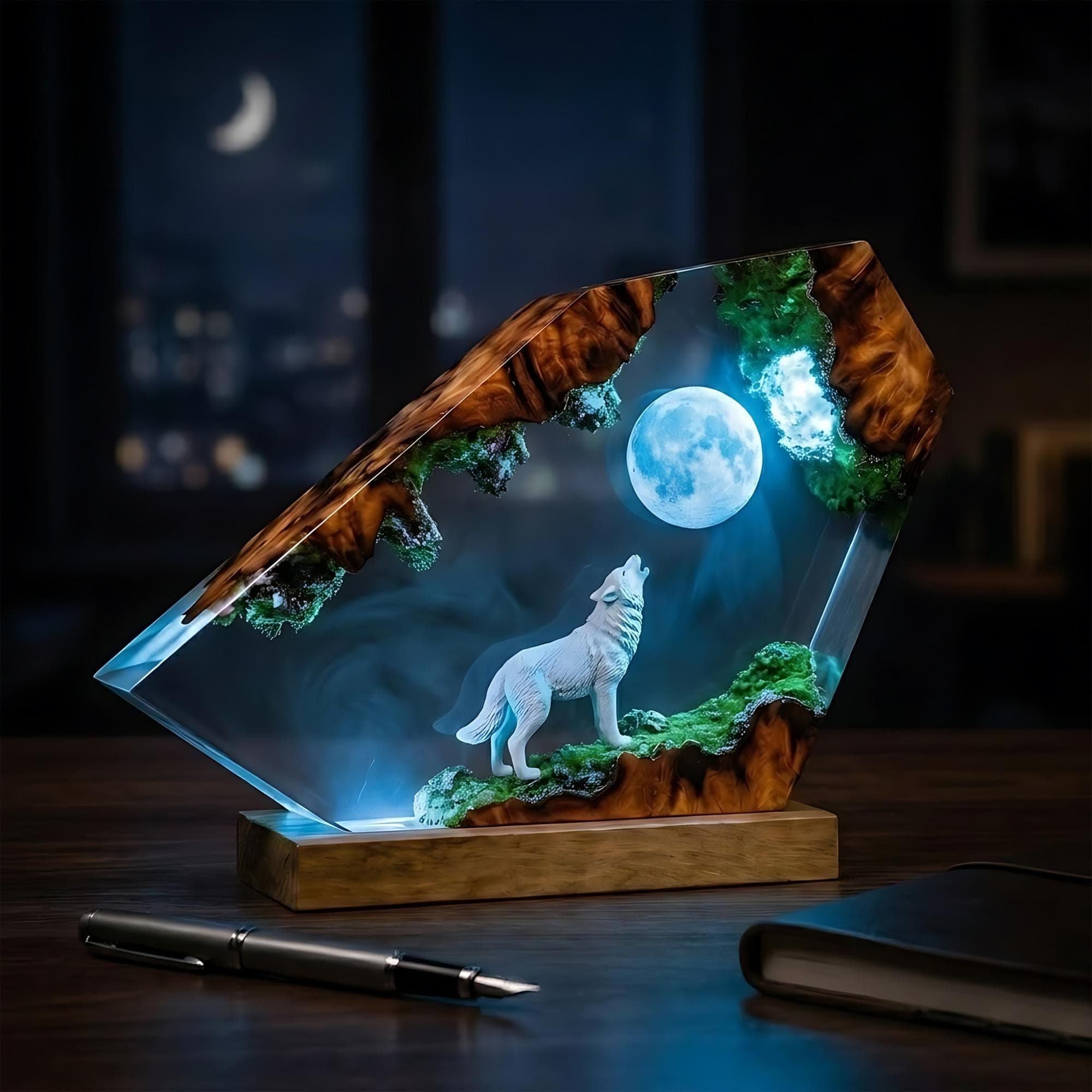 Howling Wolf Under Full Moon Resin Night Light