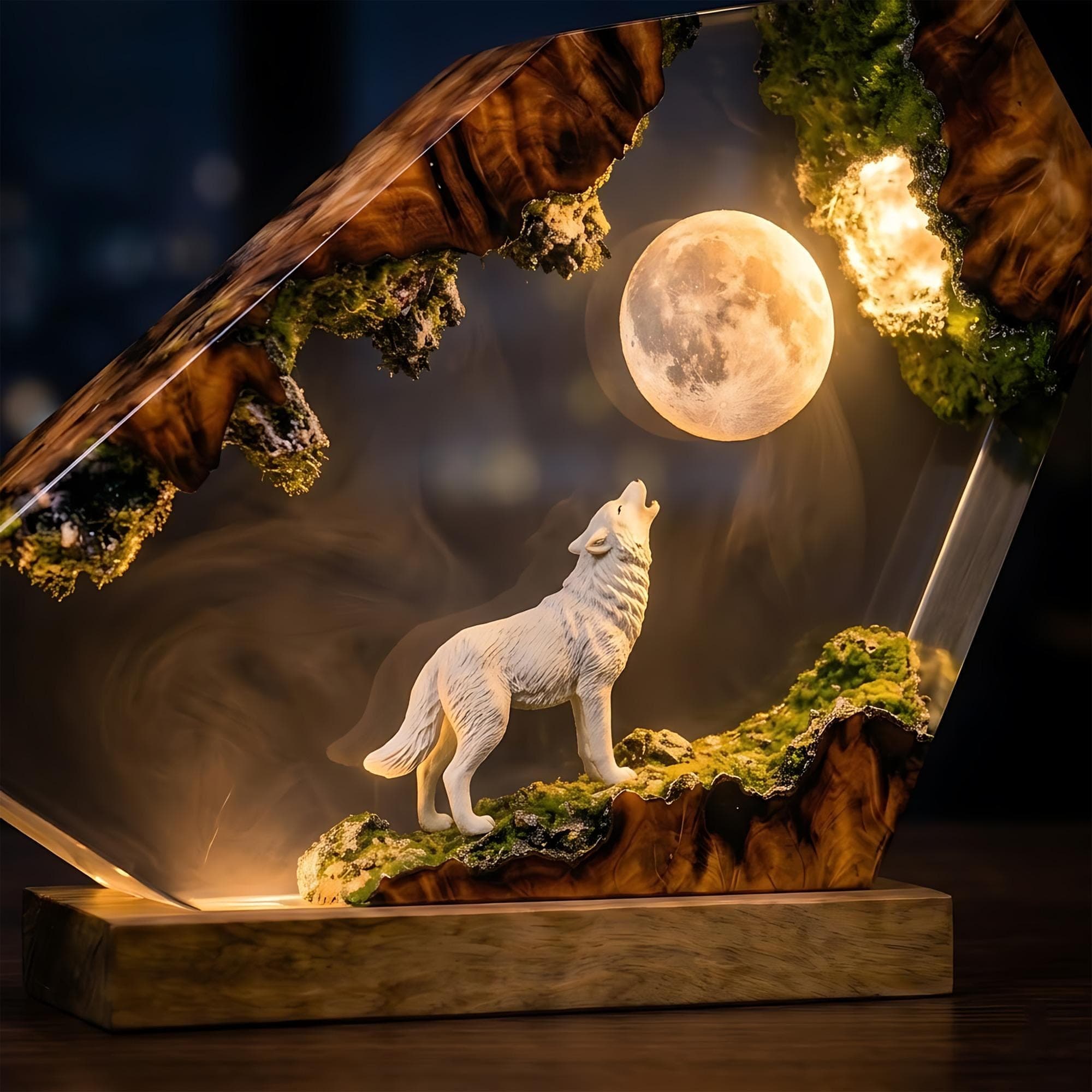Howling Wolf Under Full Moon Resin Night Light