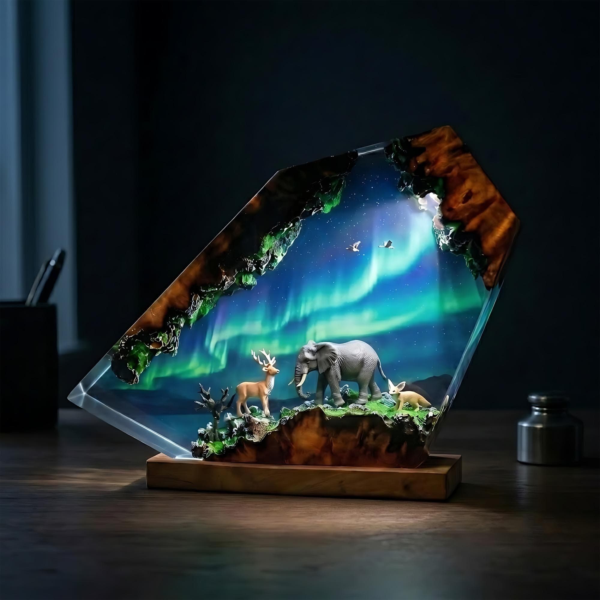 Northern Lights Wildlife Diorama Resin Night Light