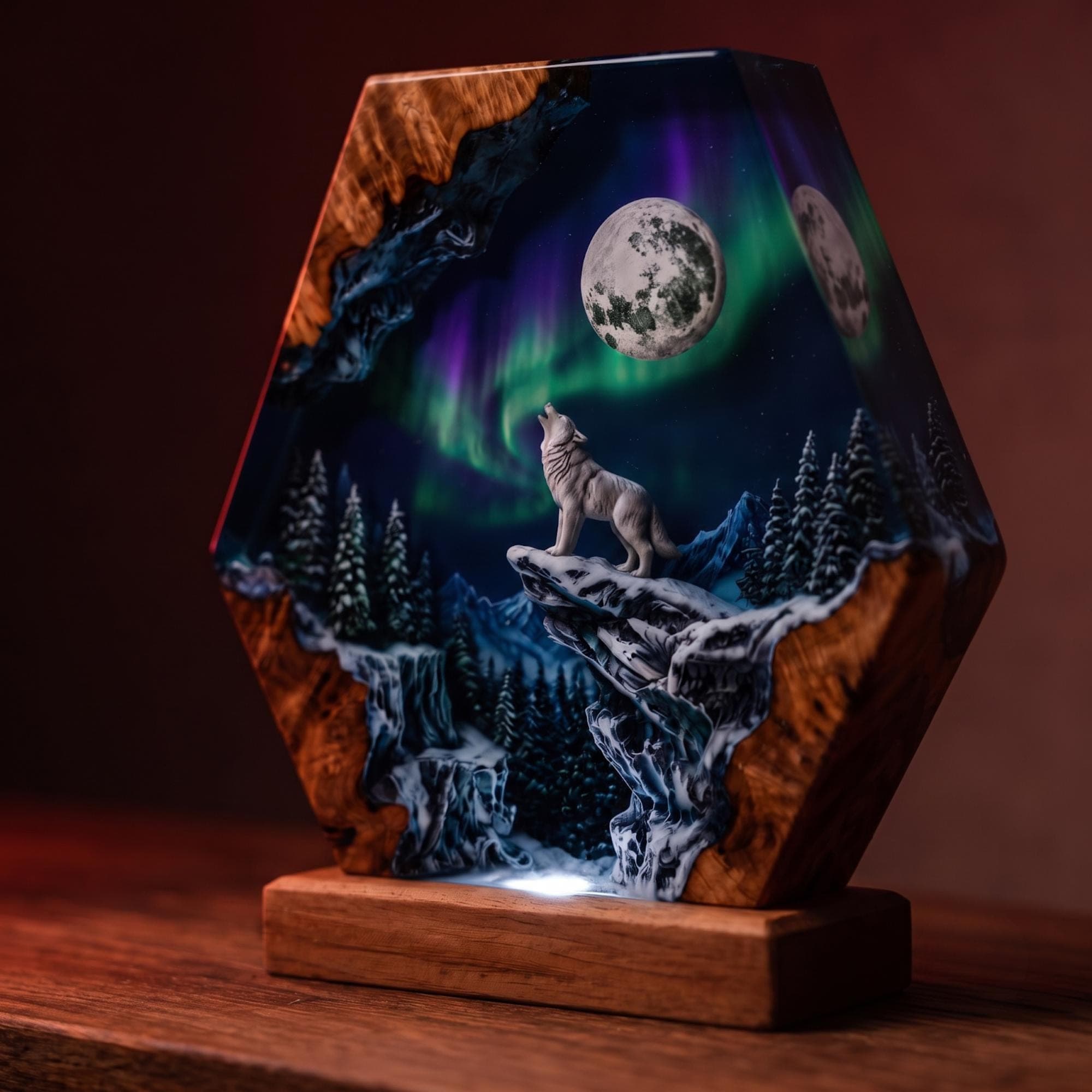 Handmade Wolf Aurora Borealis Epoxy Resin Night Light