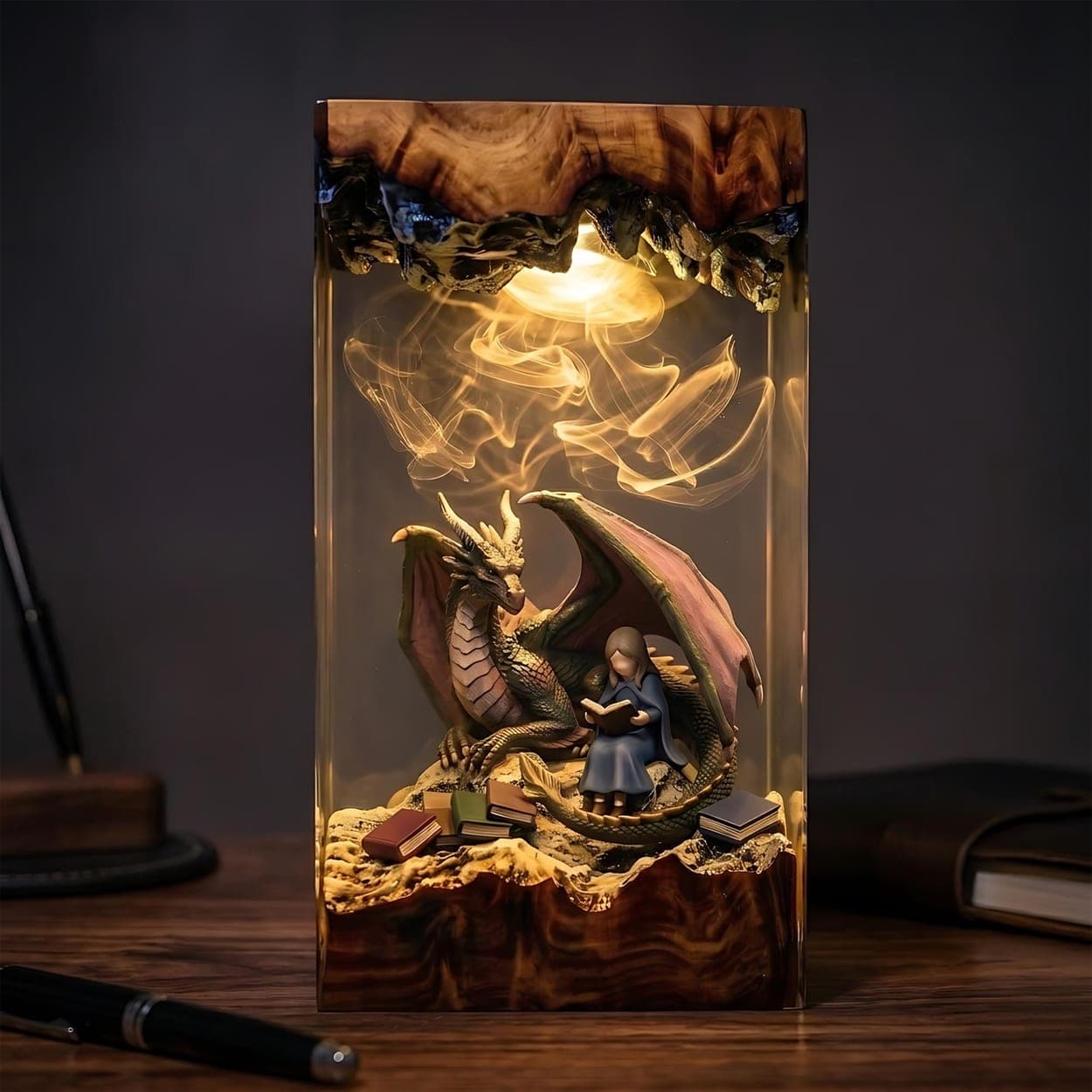 Dragon & Reading Girl Resin Lamp
