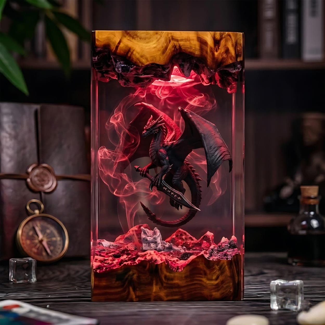 Gothic Dragon with Ancient Sword Epoxy Resin Diorama Lamp