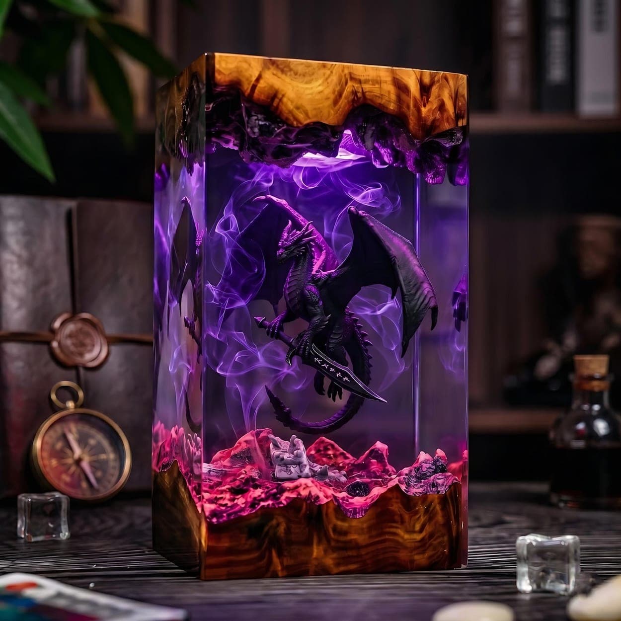 Gothic Dragon with Ancient Sword Epoxy Resin Diorama Lamp