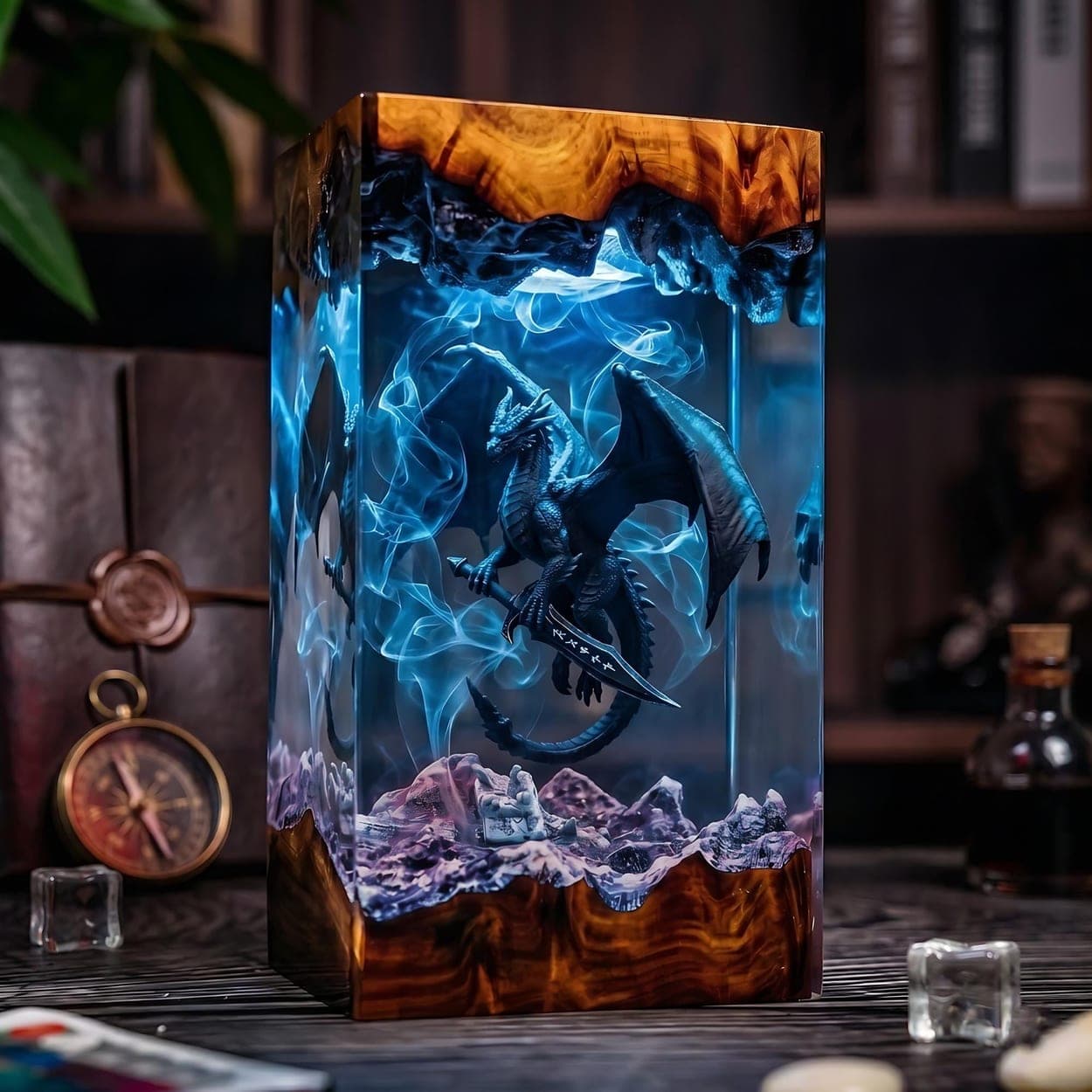 Gothic Dragon with Ancient Sword Epoxy Resin Diorama Lamp