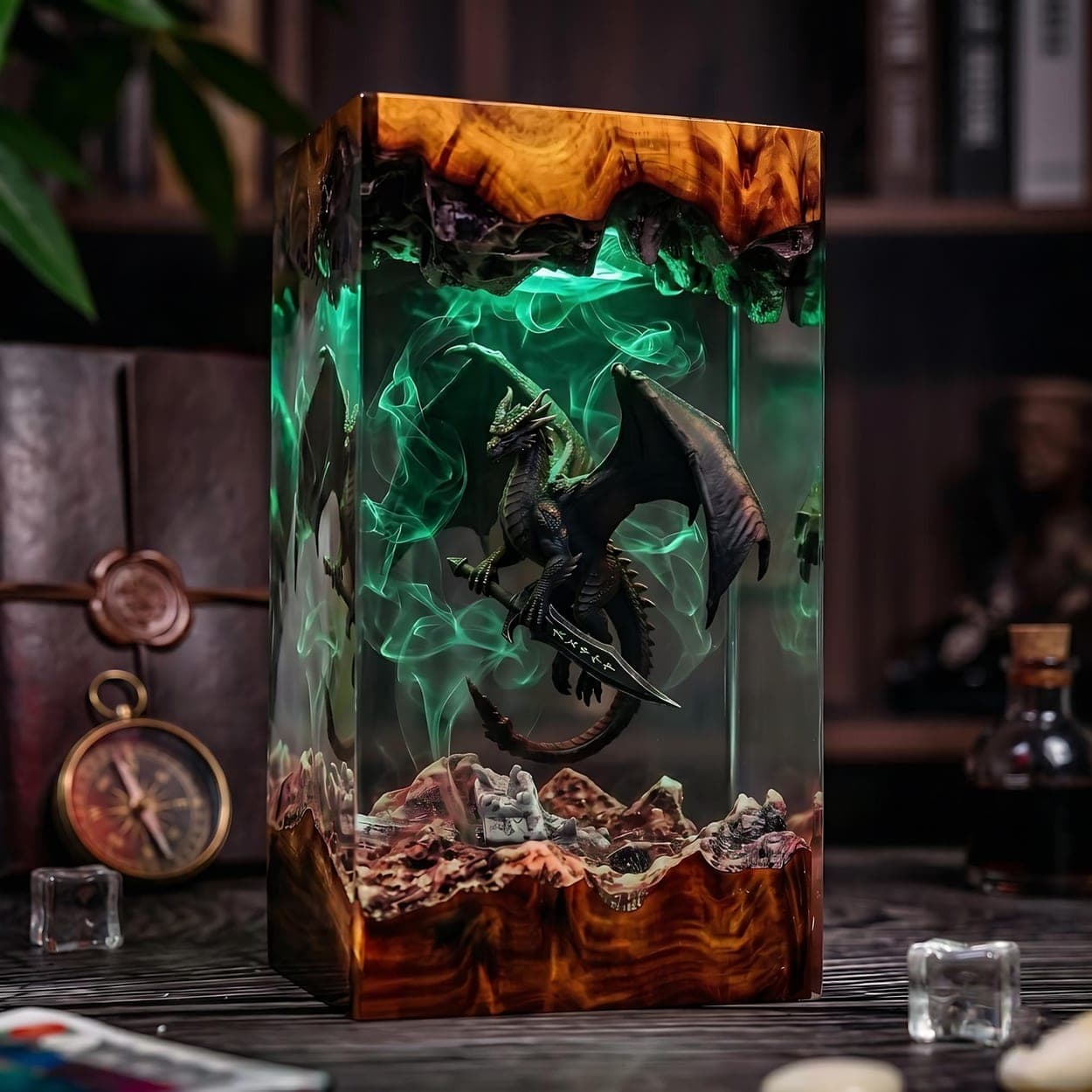 Gothic Dragon with Ancient Sword Epoxy Resin Diorama Lamp