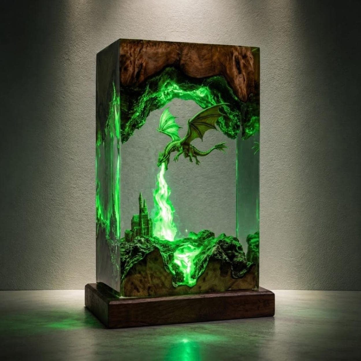 Fire-Breathing Dragon and Castle Epoxy Resin Lamp