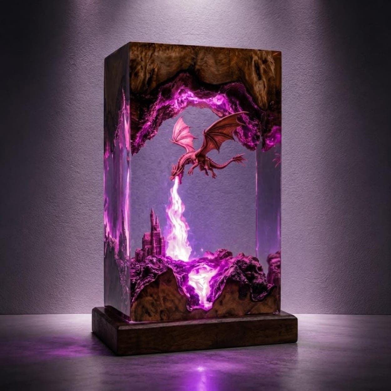 Fire-Breathing Dragon and Castle Epoxy Resin Lamp