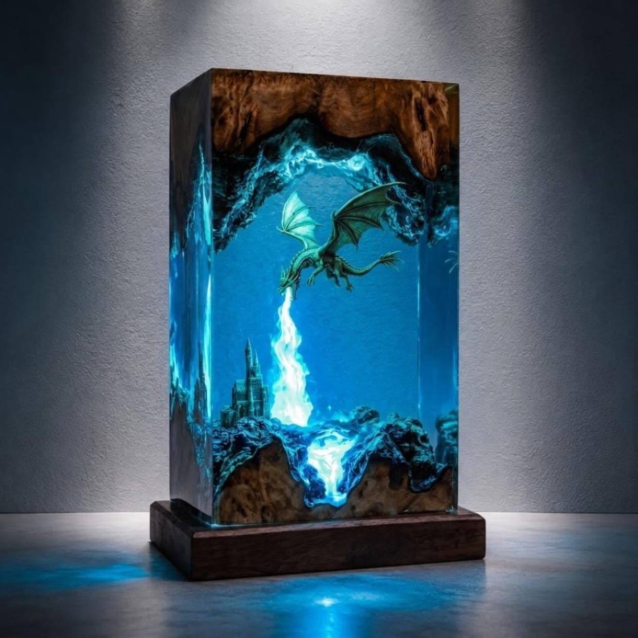 Fire-Breathing Dragon and Castle Epoxy Resin Lamp