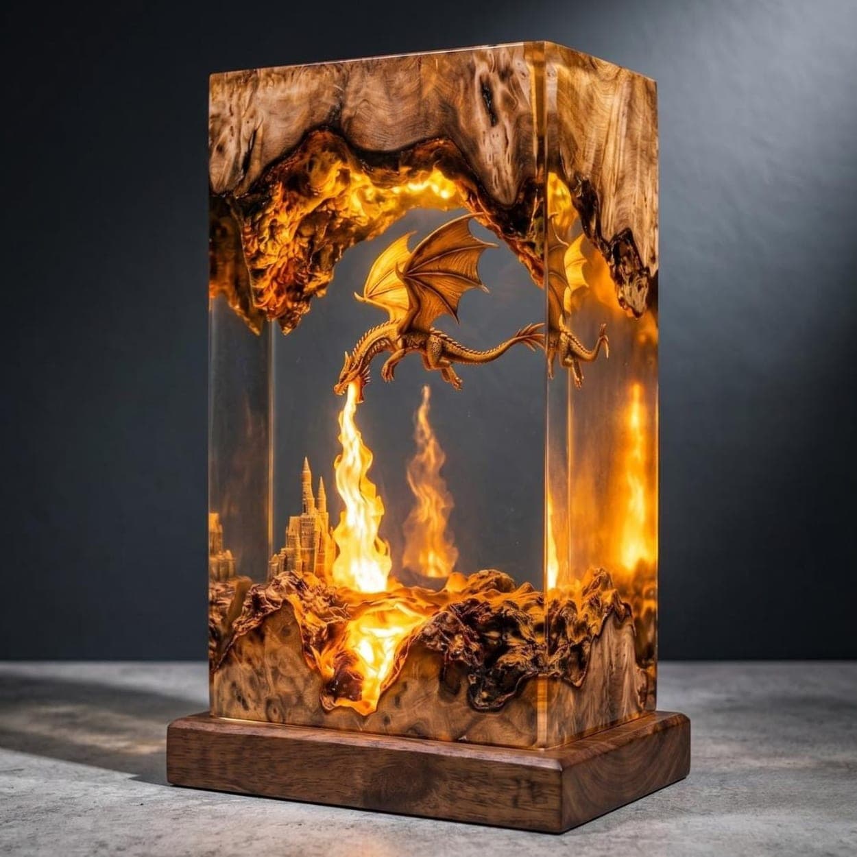 Fire-Breathing Dragon and Castle Epoxy Resin Lamp