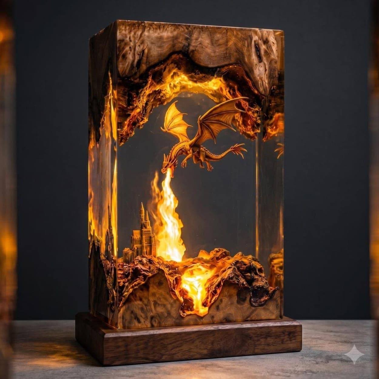 Fire-Breathing Dragon and Castle Epoxy Resin Lamp