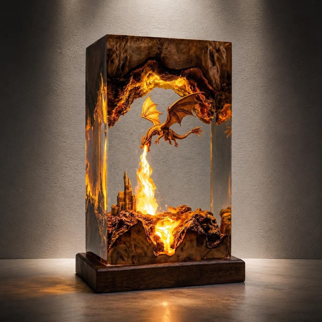 Fire-Breathing Dragon and Castle Epoxy Resin Lamp