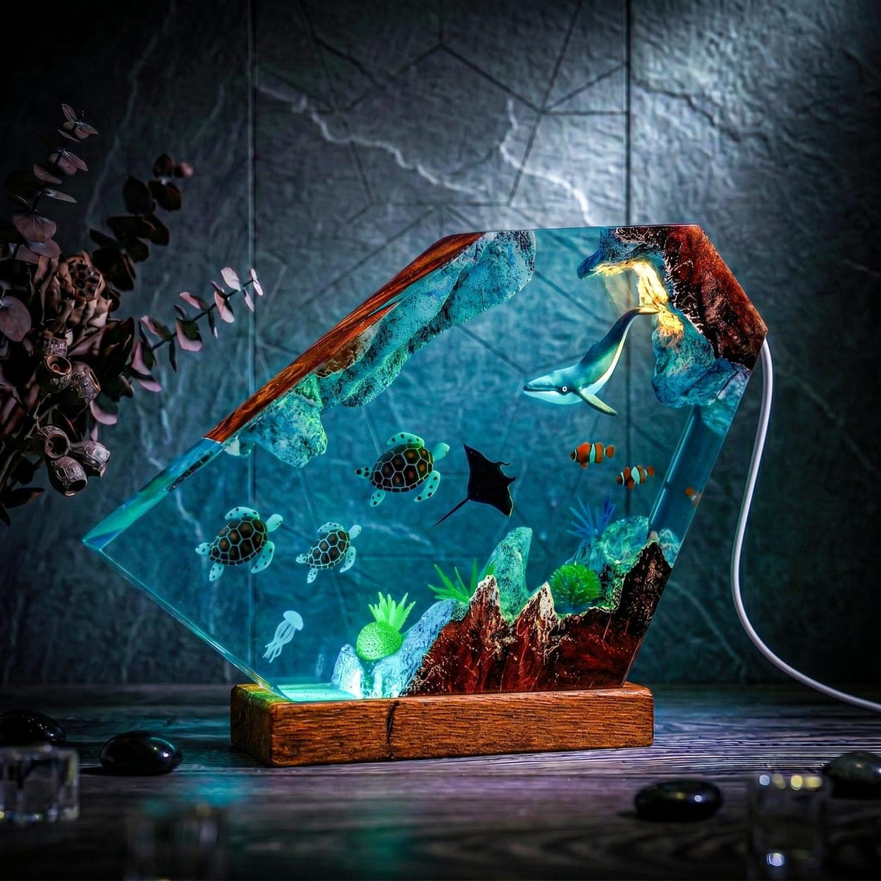 Humpback Whale and Sea Turtles Geometric Epoxy Resin Night Light