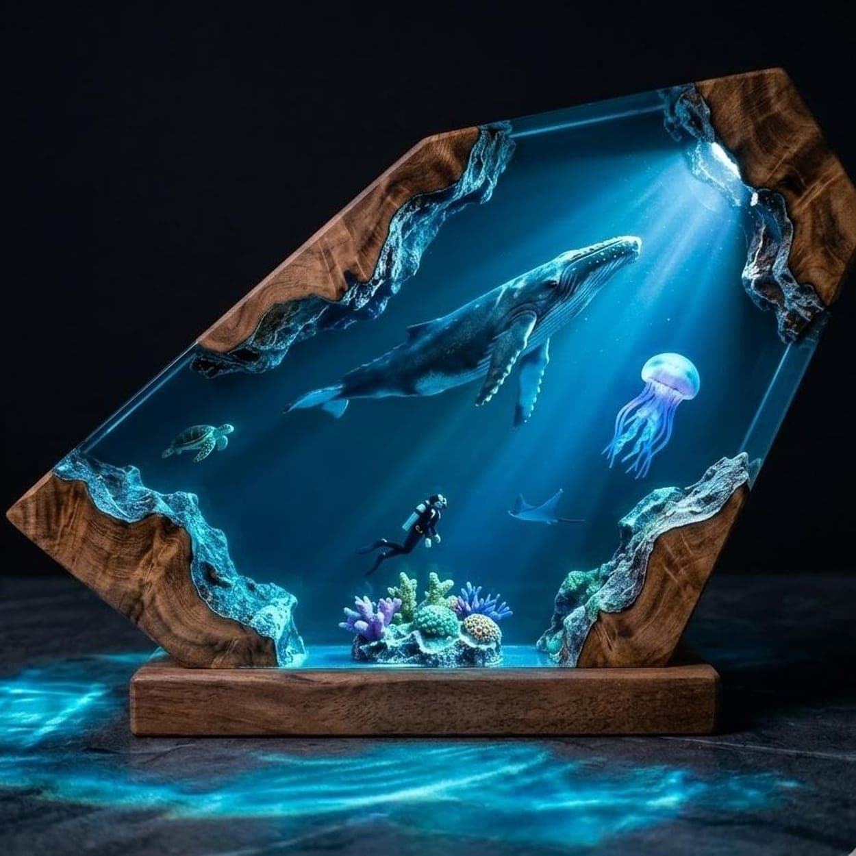Humpback Whale and Diver Deep Ocean Resin Lamp