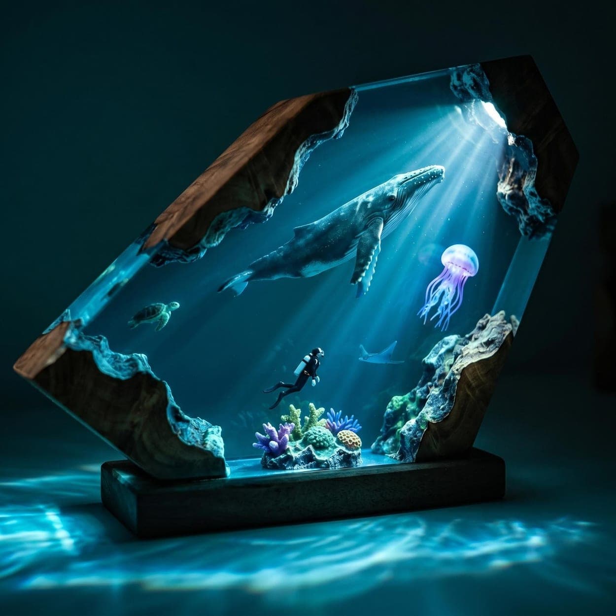 Humpback Whale and Diver Deep Ocean Resin Lamp