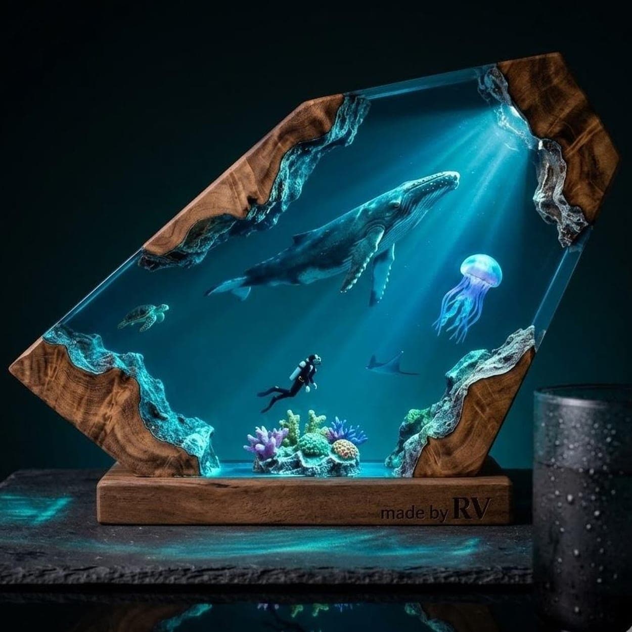 Humpback Whale and Diver Deep Ocean Resin Lamp