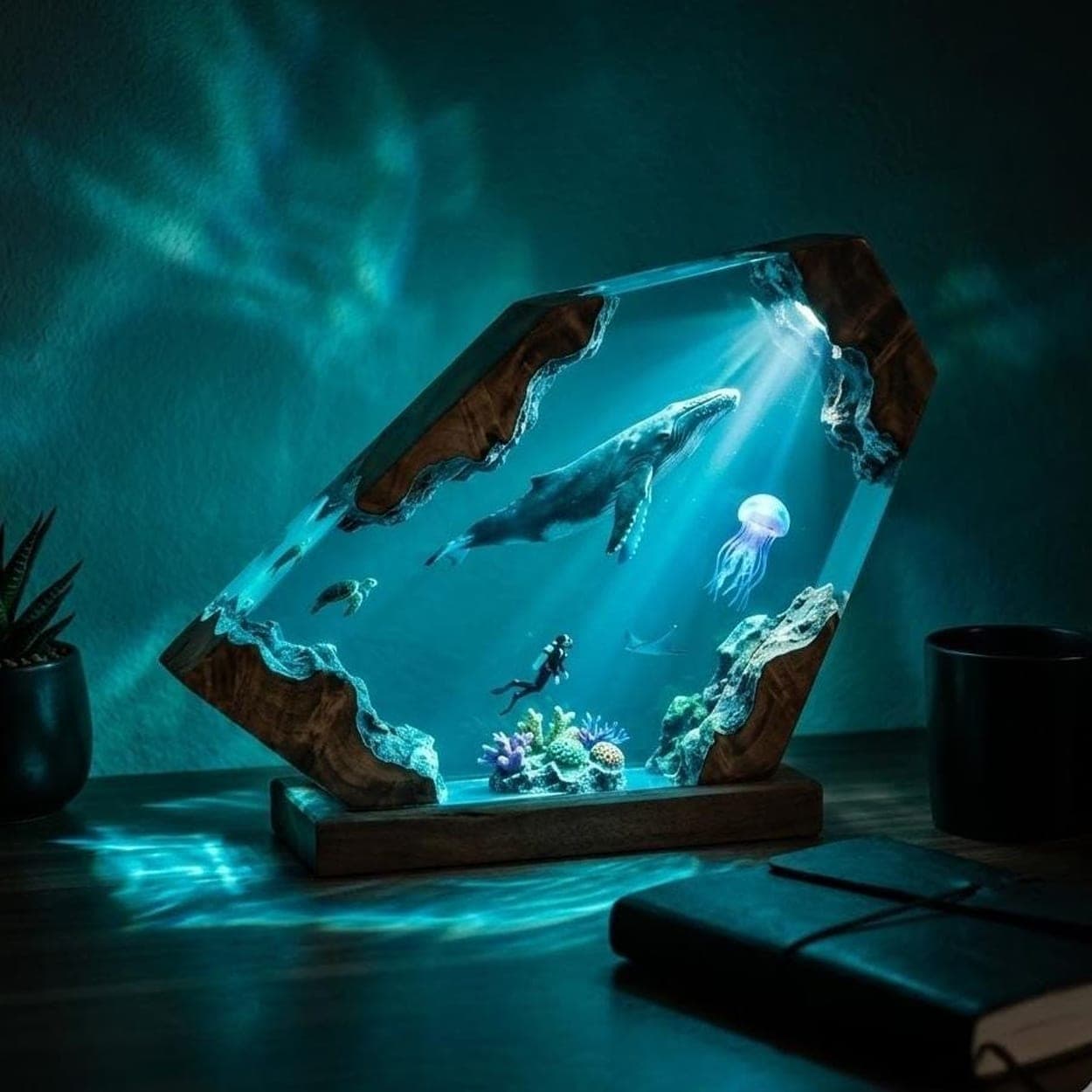 Humpback Whale and Diver Deep Ocean Resin Lamp