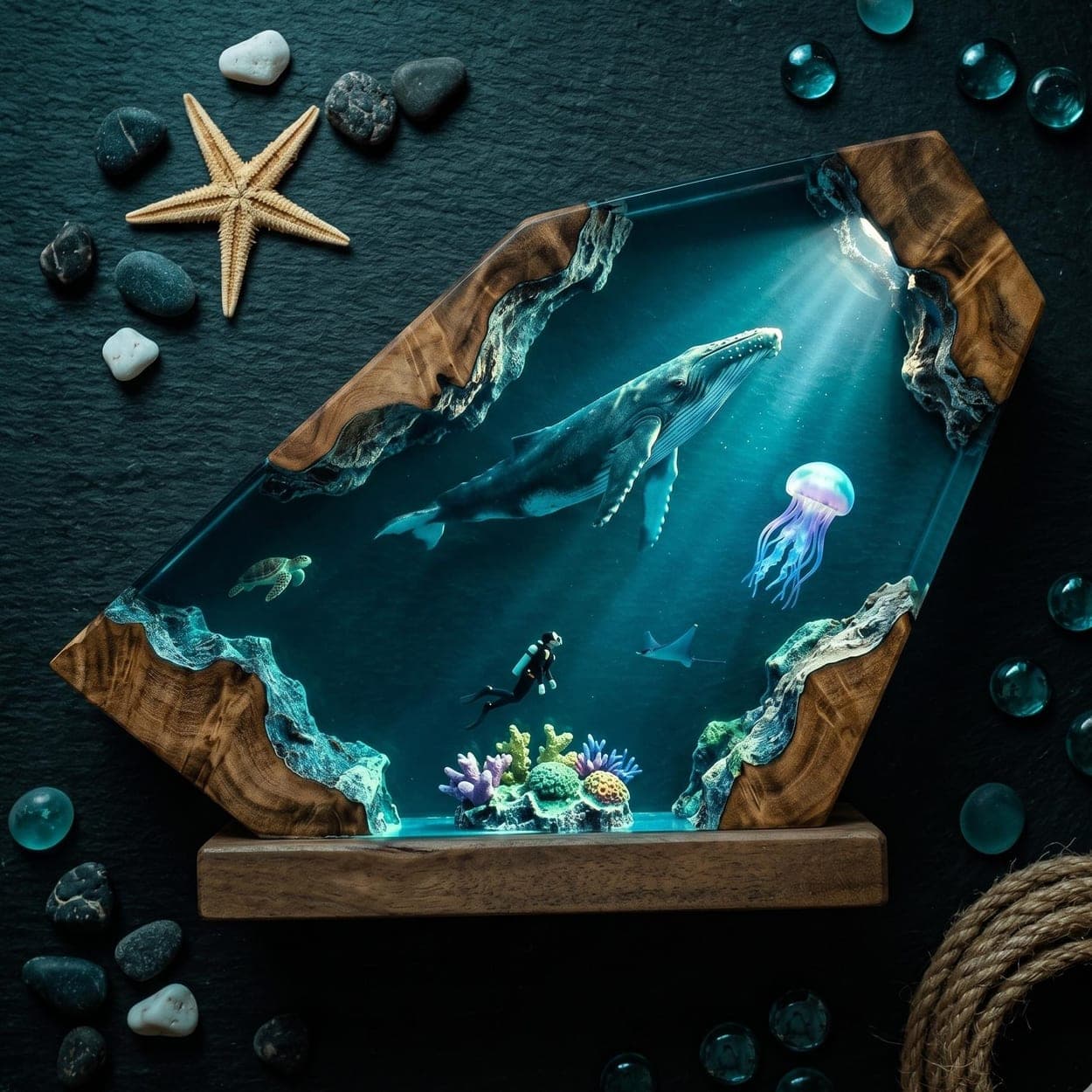 Humpback Whale and Diver Deep Ocean Resin Lamp