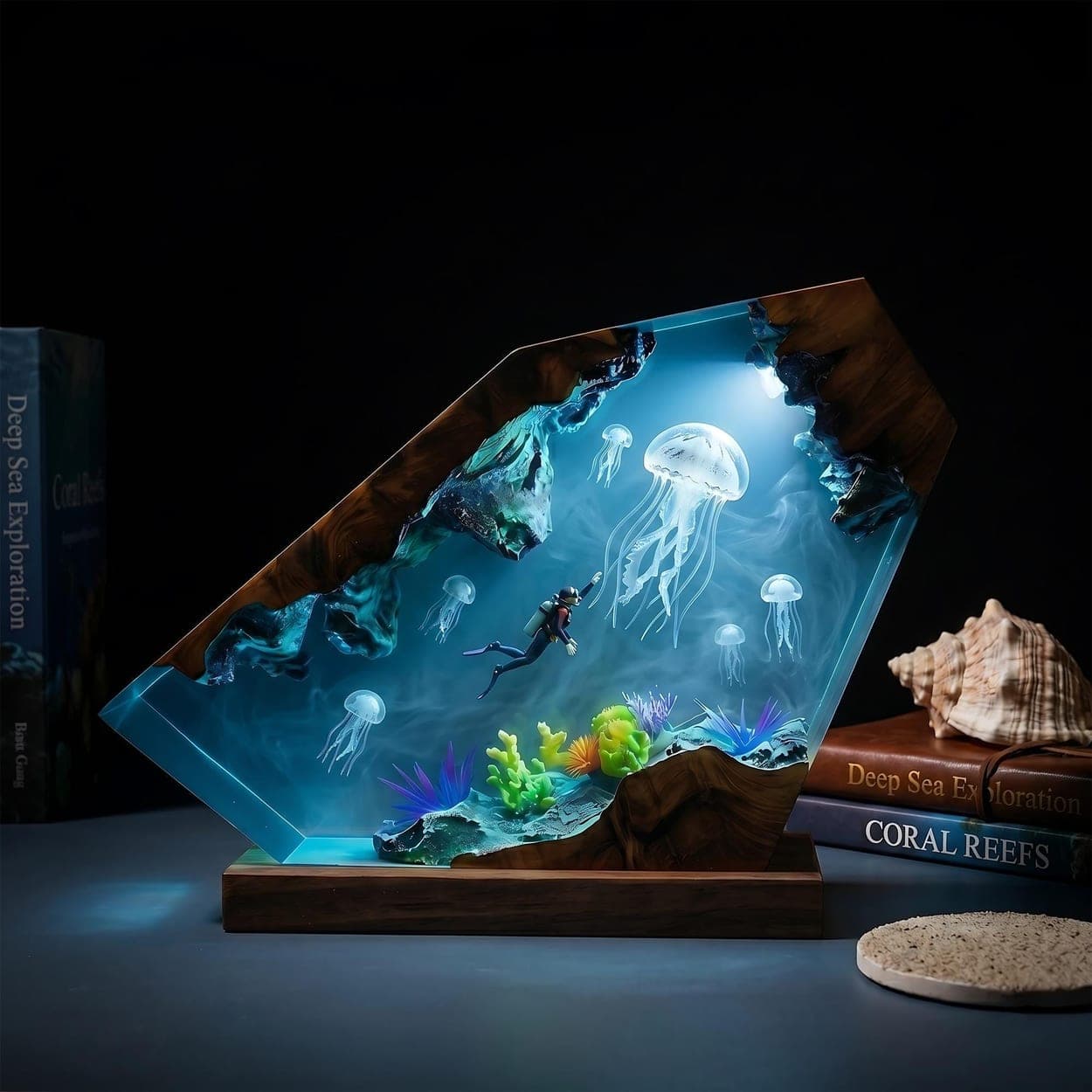 Diver and Giant Jellyfish Wood Epoxy Resin Lamp