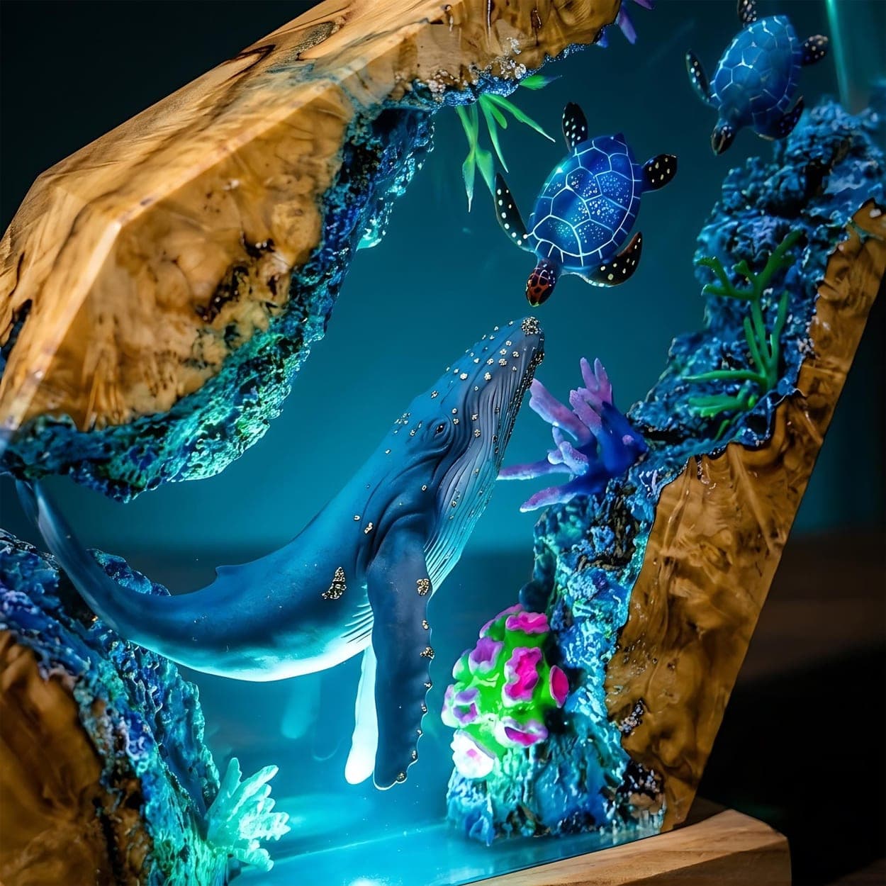 Humpback Whale and Sea Turtles Epoxy Resin Night Light