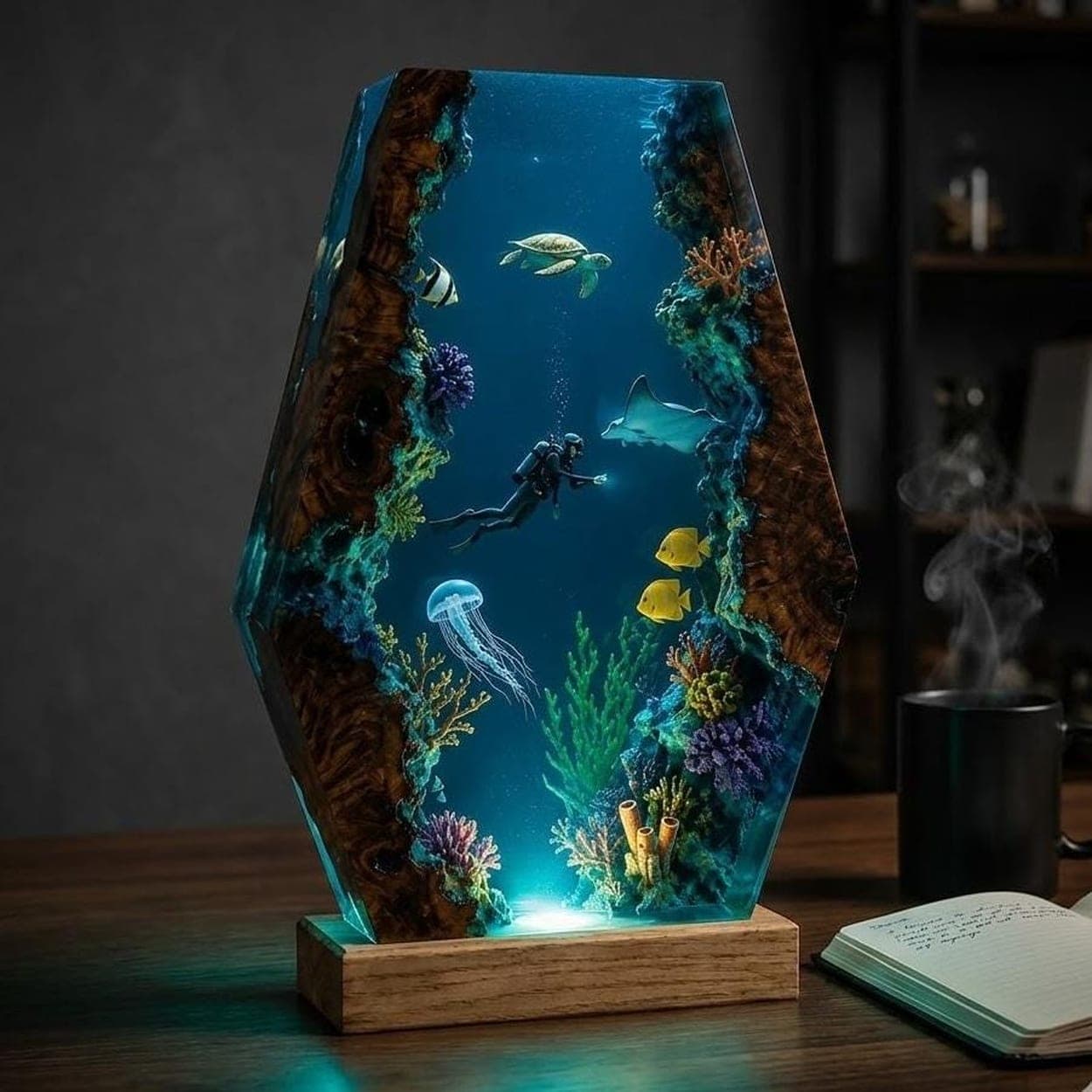 Deep Sea Diver and Marine Life Hexagonal Epoxy Resin Lamp