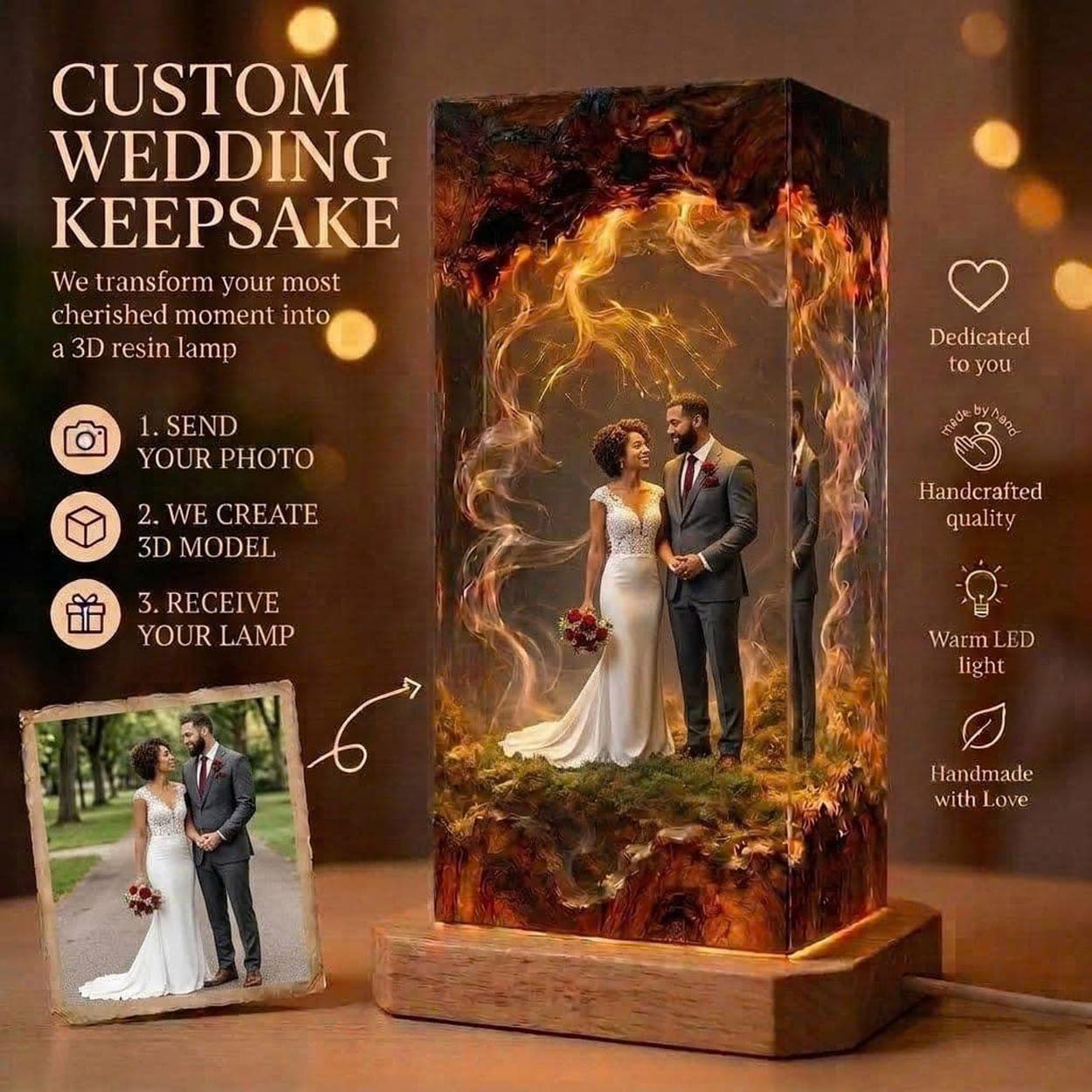 Custom 3D Wedding Photo Resin Lamp - Personalized Anniversary Keepsake