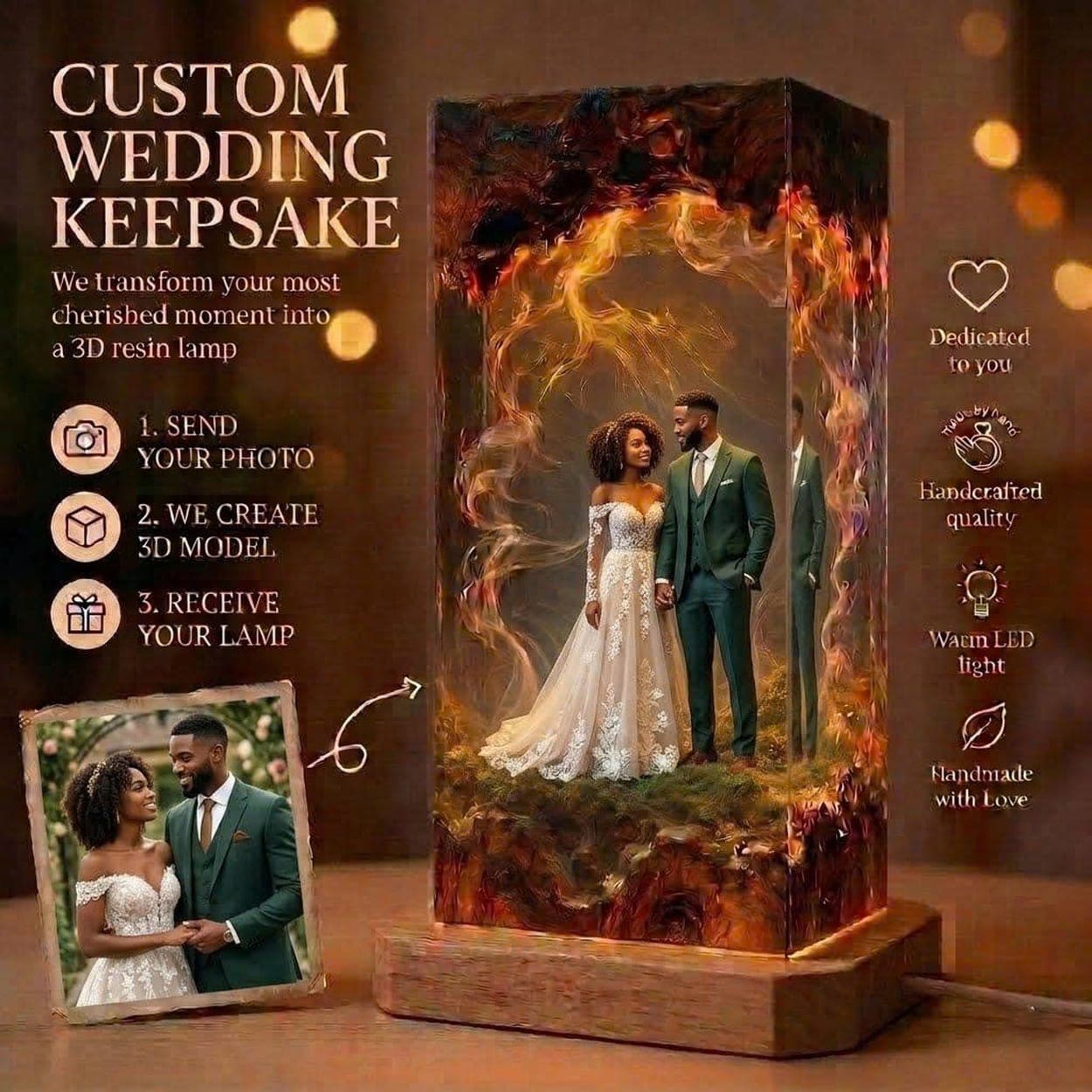 Custom 3D Wedding Photo Resin Lamp - Personalized Anniversary Keepsake