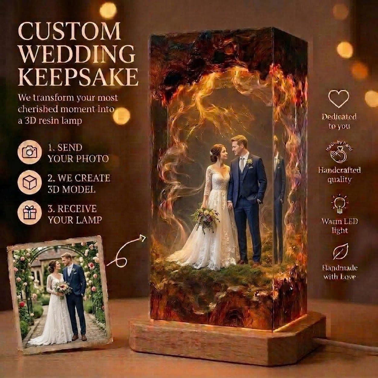 Custom 3D Wedding Photo Resin Lamp - Personalized Anniversary Keepsake