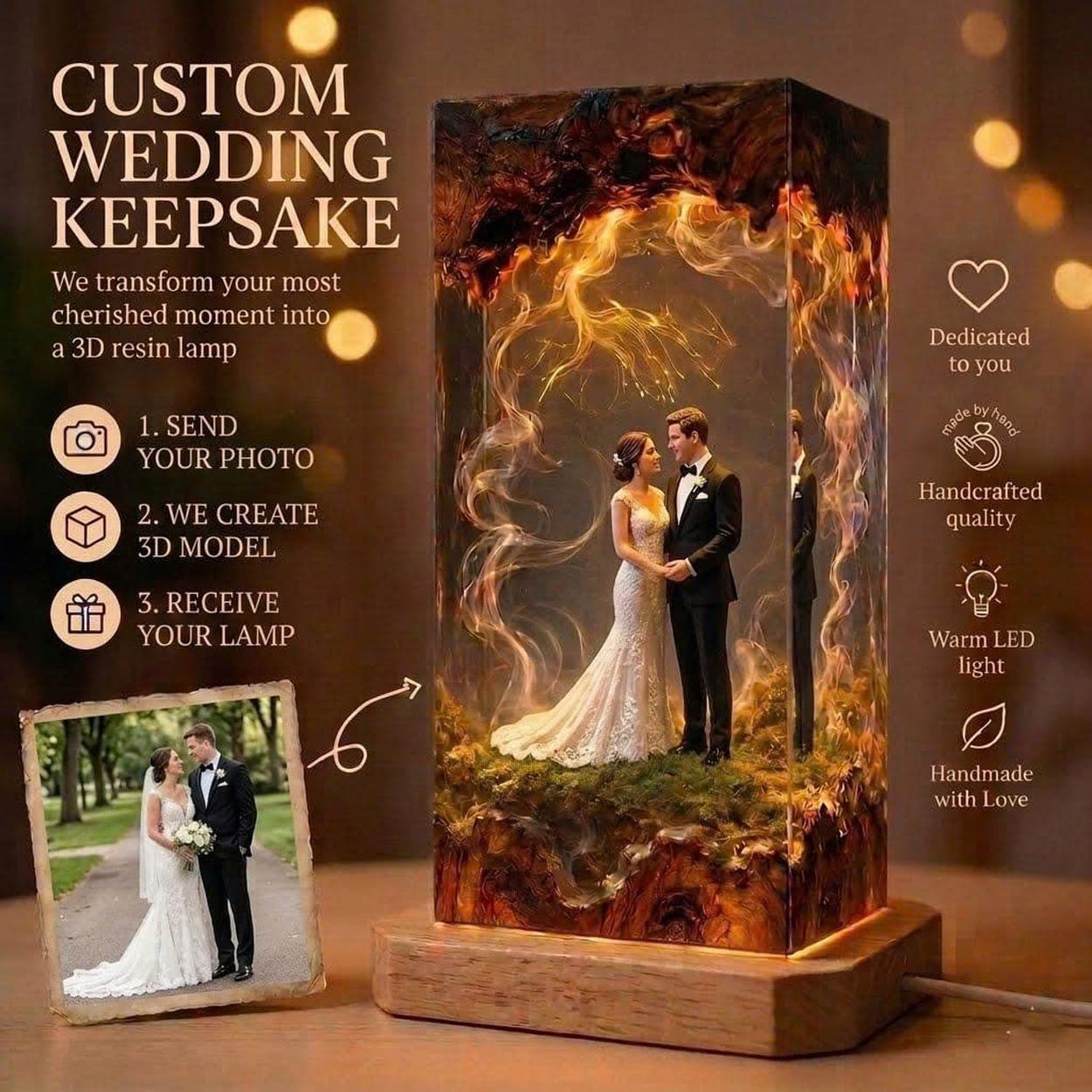 Custom 3D Wedding Photo Resin Lamp - Personalized Anniversary Keepsake