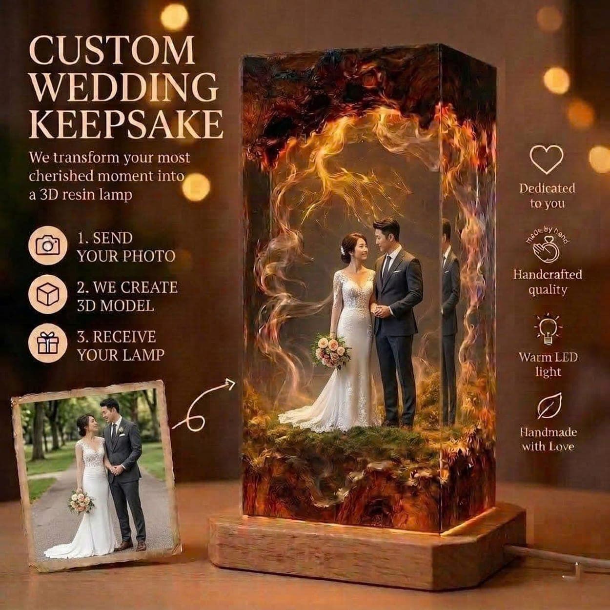 Custom 3D Wedding Photo Resin Lamp - Personalized Anniversary Keepsake