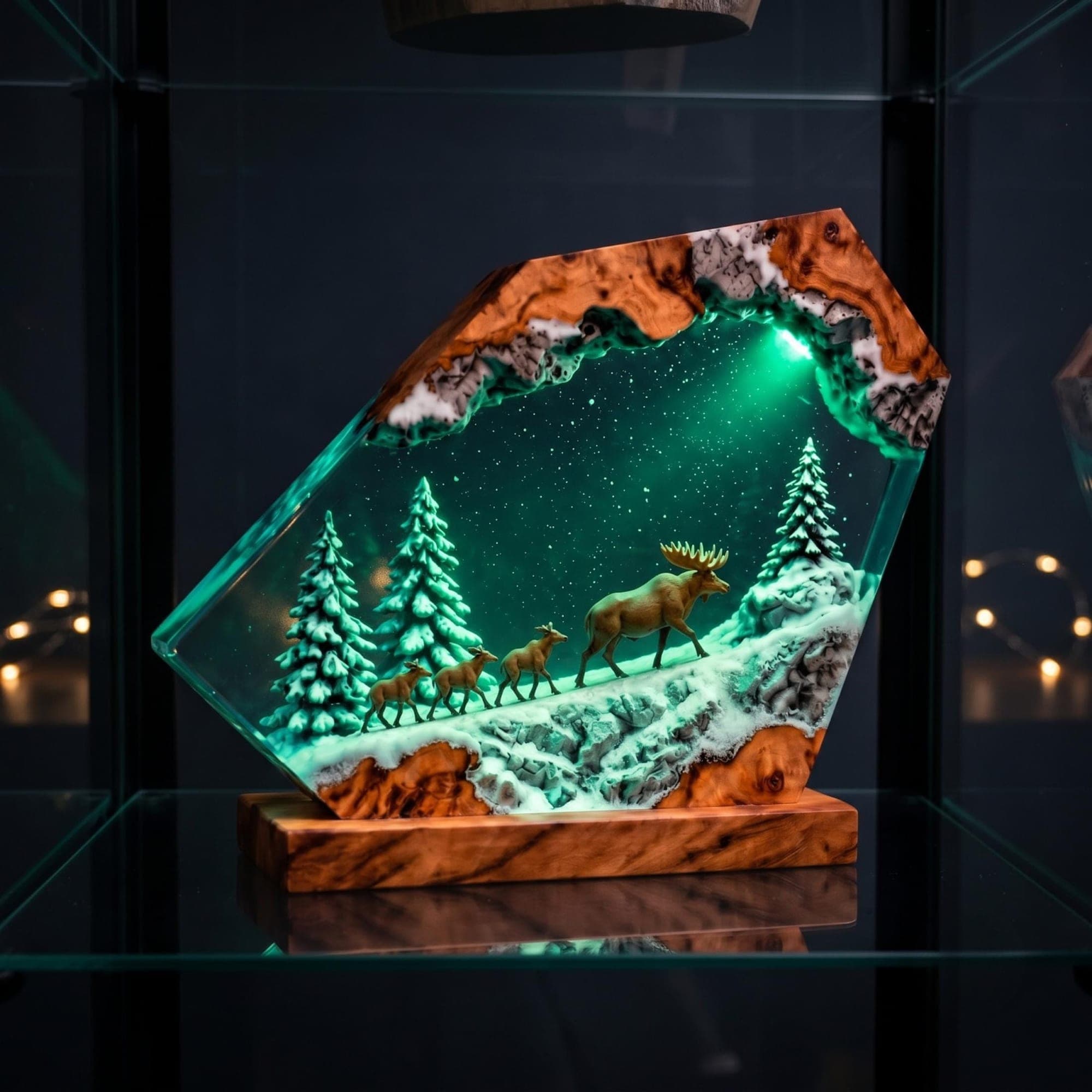 Winter Forest Moose and Deer Family Resin Night Light