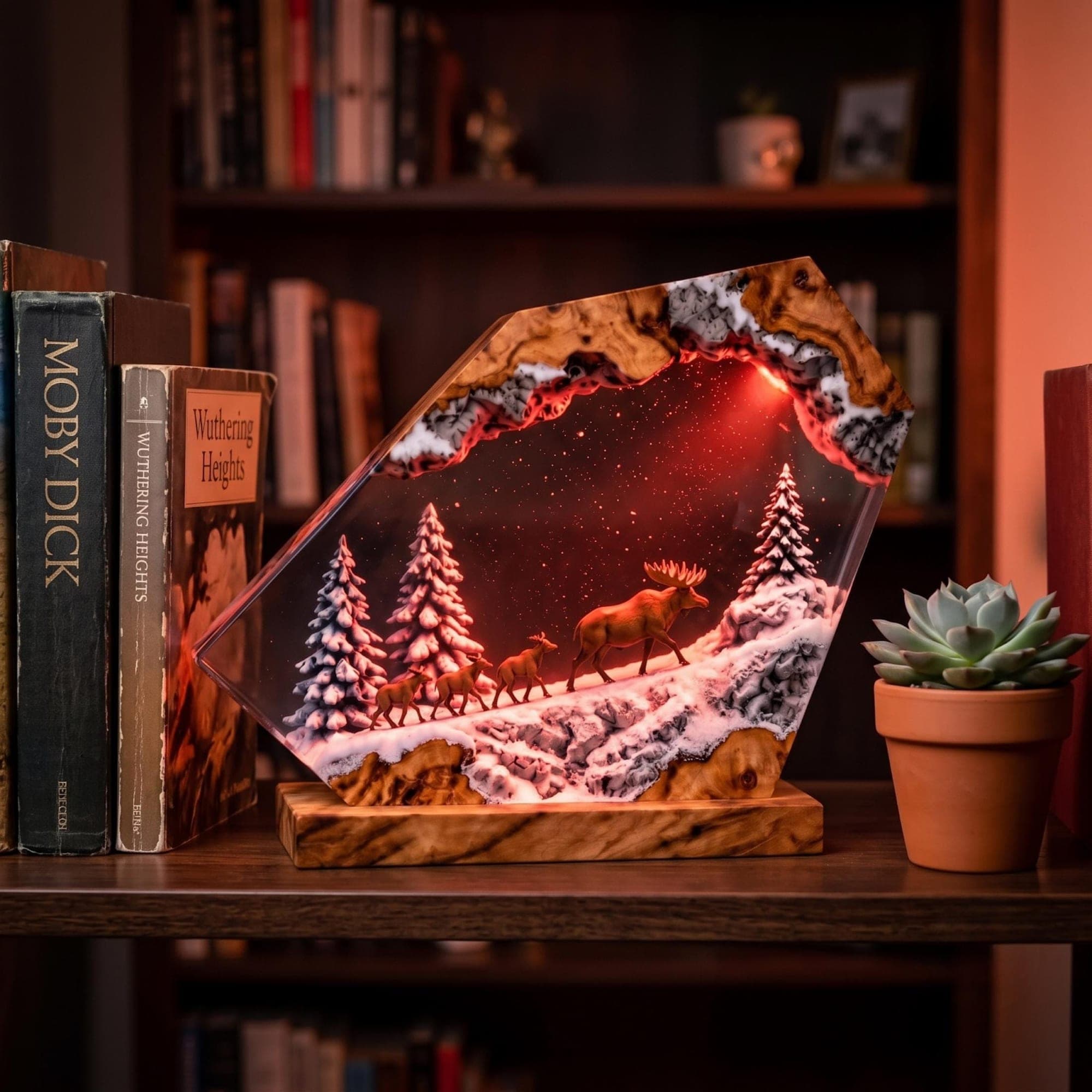 Winter Forest Moose and Deer Family Resin Night Light