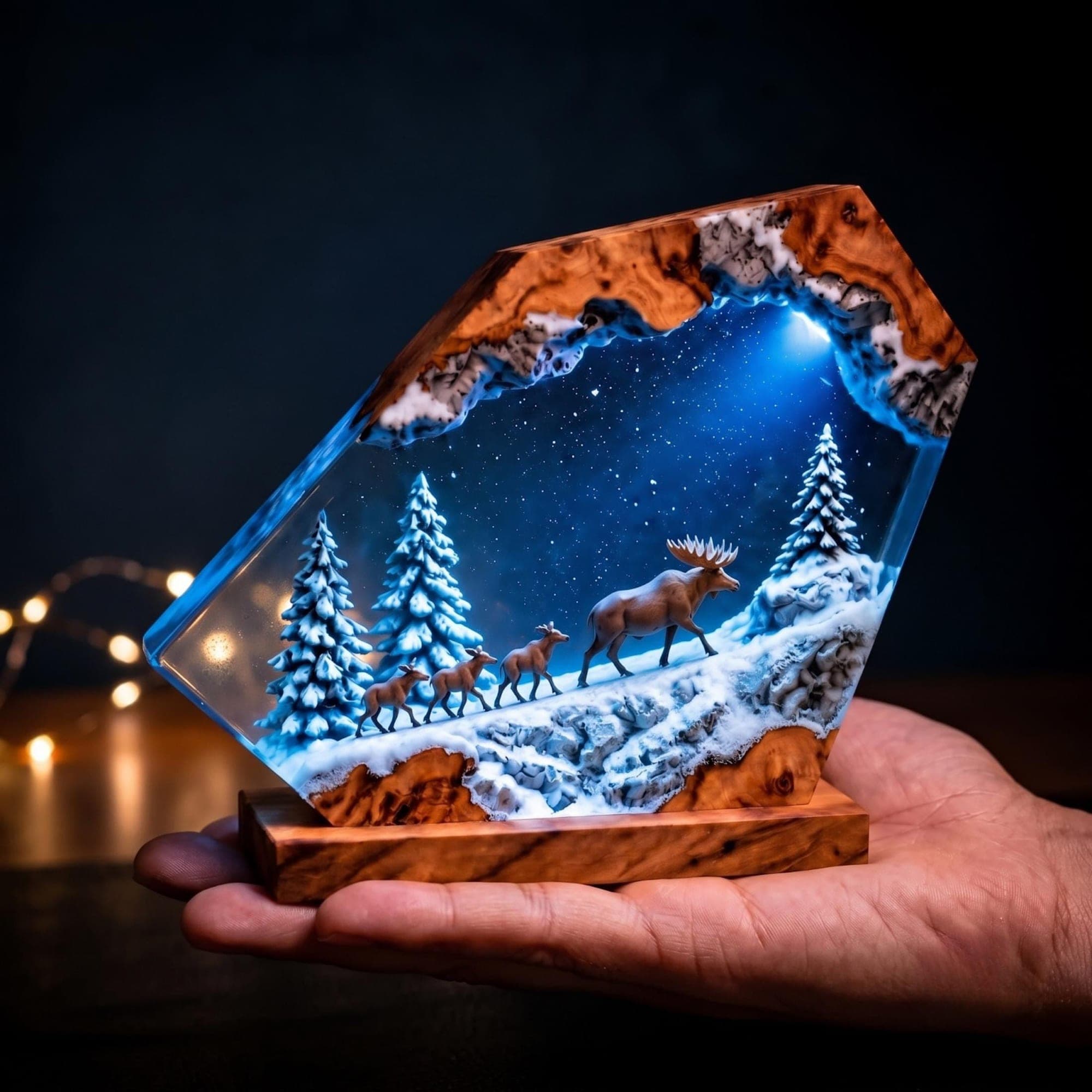 Winter Forest Moose and Deer Family Resin Night Light