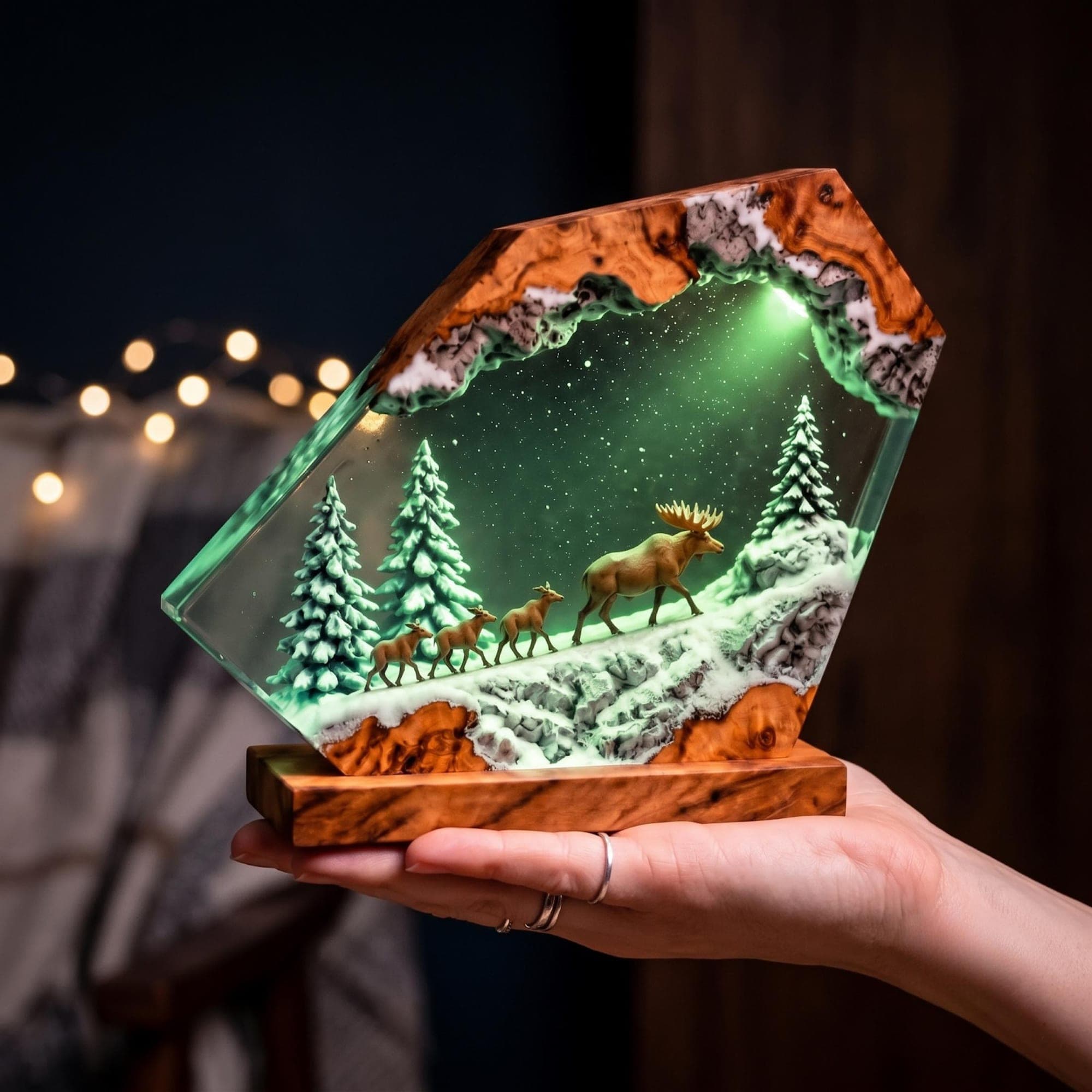 Winter Forest Moose and Deer Family Resin Night Light