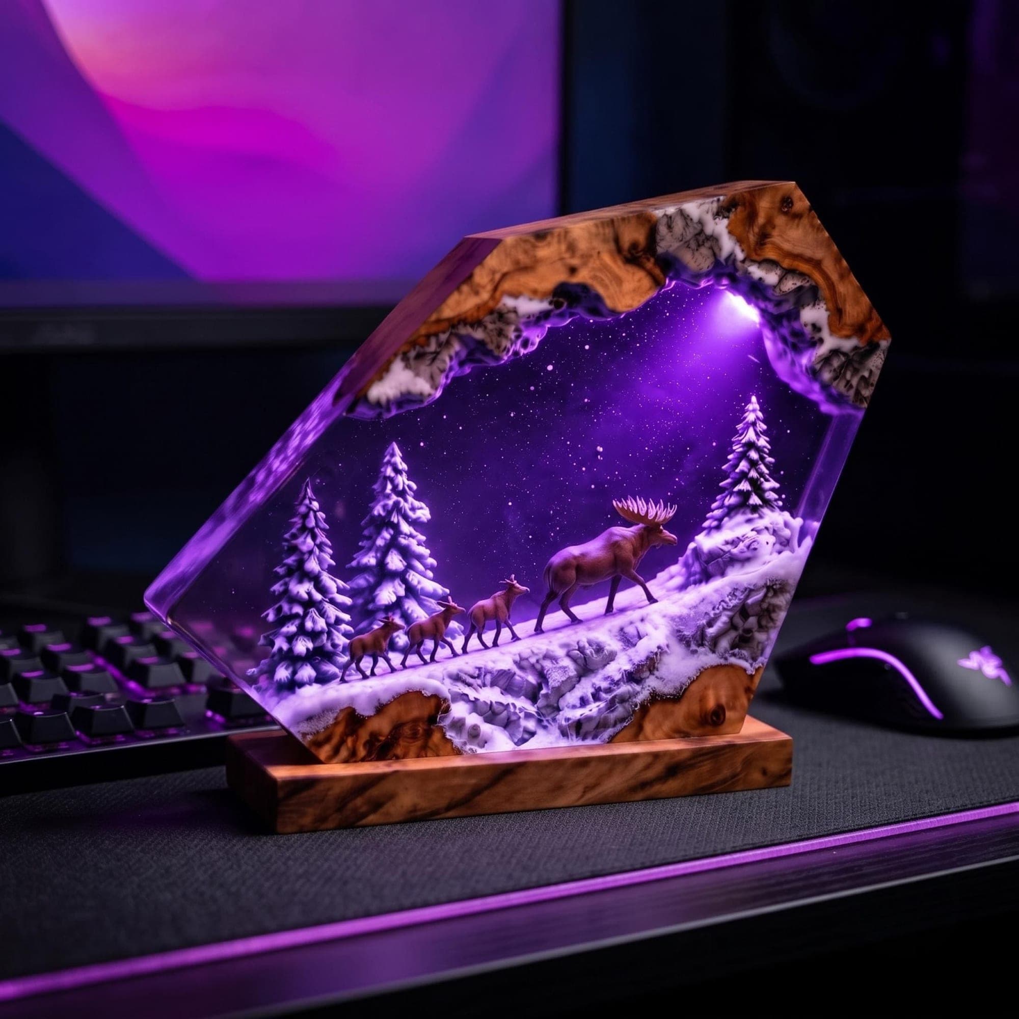 Winter Forest Moose and Deer Family Resin Night Light