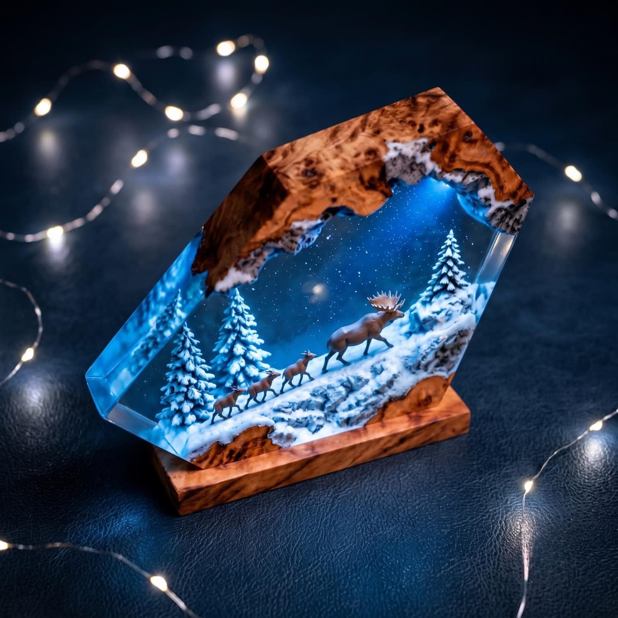 Winter Forest Moose and Deer Family Resin Night Light